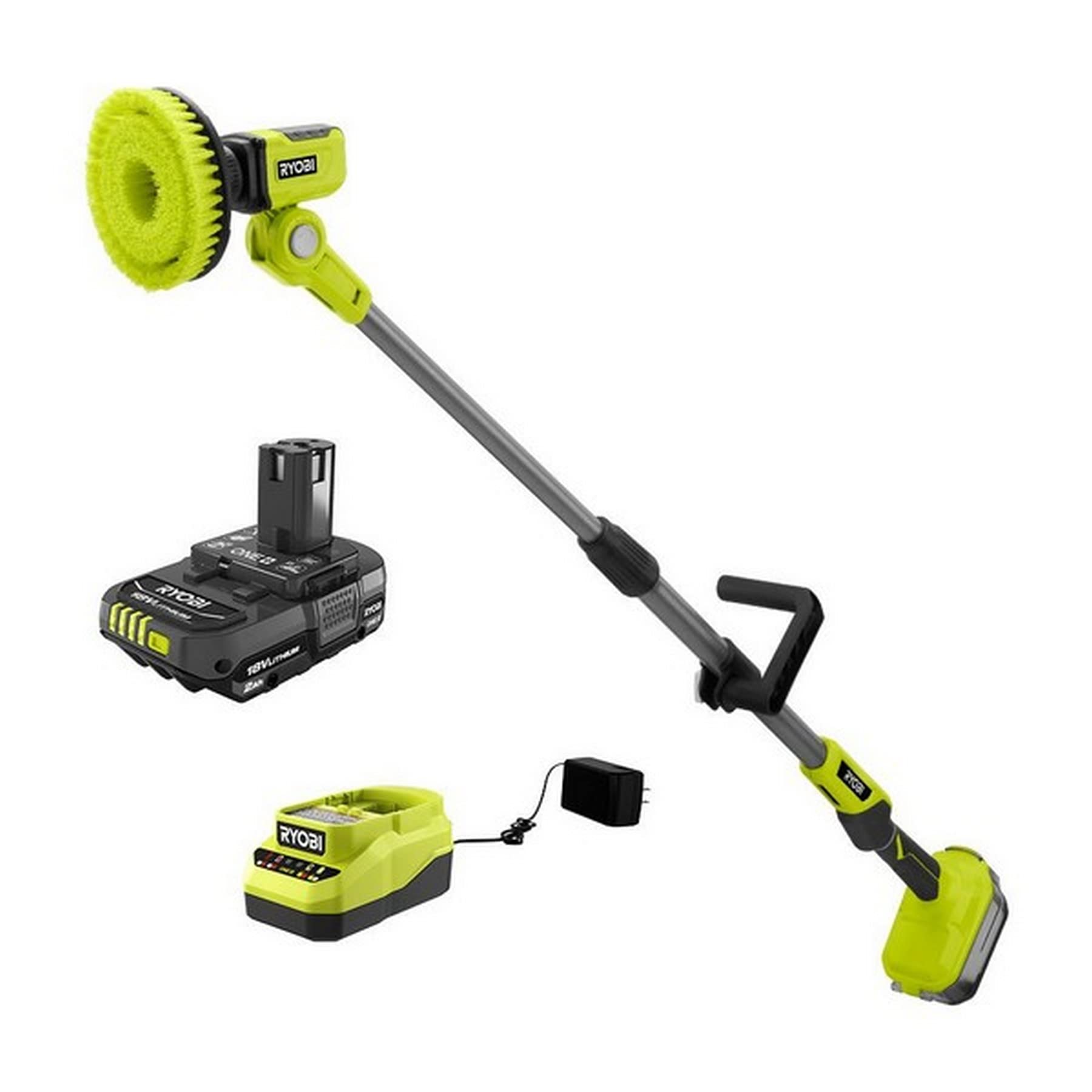 RYOBI ONE+ 18V Cordless Telescoping Power Scrubber Kit - Electric Cleaning Brush for Bathroom, Kitchen, Tile, Grout & Outdoor Surfaces