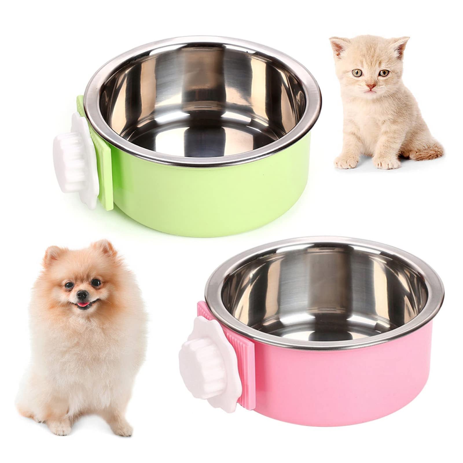 Kathson Removable Stainless Steel Hanging Pet Bowl - 2 Pack Green & Pink Cage Feeder for Dogs, Cats, Puppies, Birds, Rats & Guinea Pigs | Perfect for Kennels, Cages & Outdoor Use