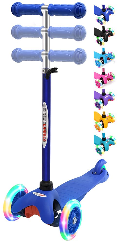 Deluxe ChromeWheels 3-Wheel Scooter for Kids Ages 3-6 - Adjustable Height Kick Scooter with LED Lights & Lean-to-Steer Design - Perfect for Boys & Girls Outdoor Play, Park Rides & Neighborhood Fun