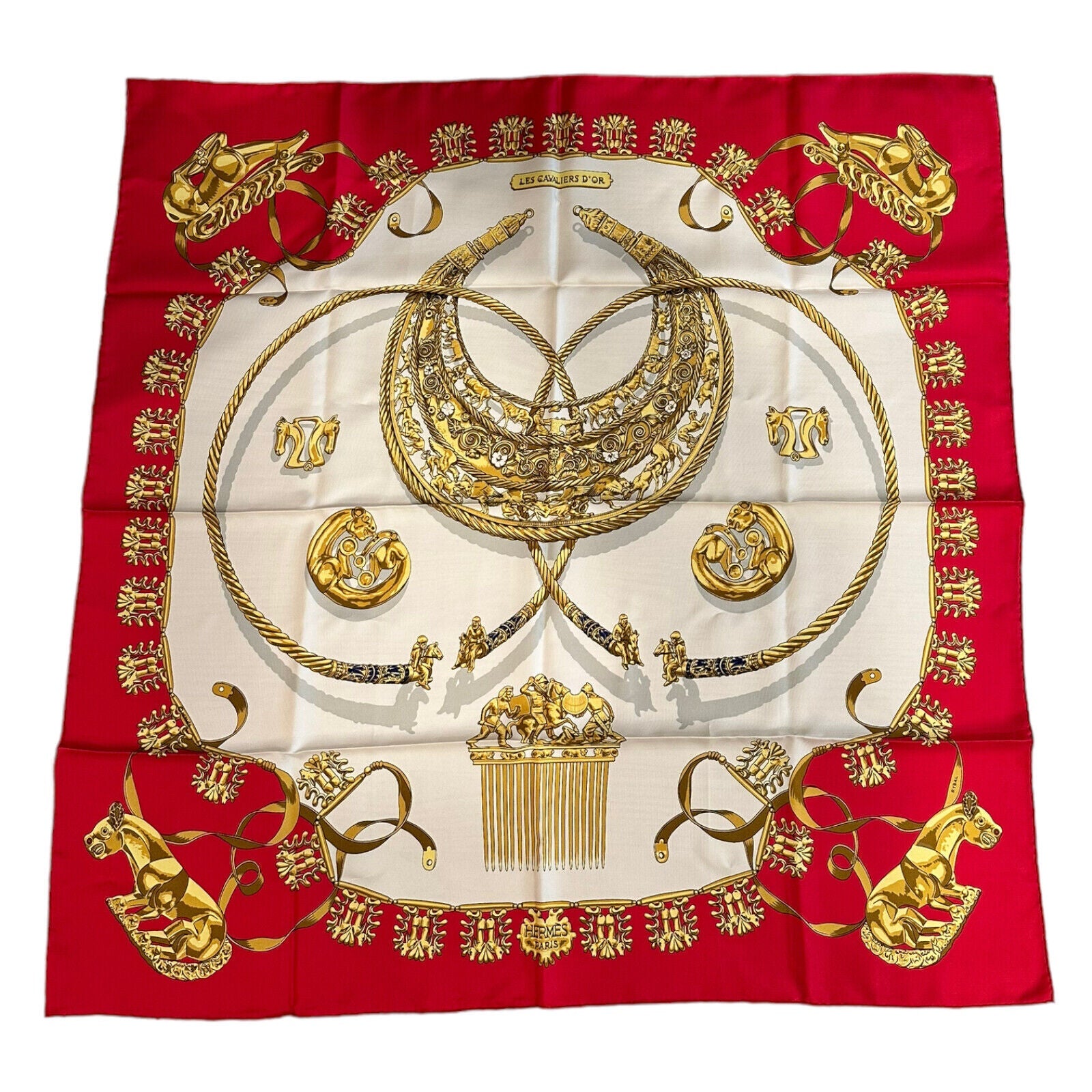 Vintage Hermes Les Cavaliers D'Or 90cm Silk Scarf - Golden Horsemen Design in Red - Perfect for Luxury Fashion, Gift Giving & Special Occasions