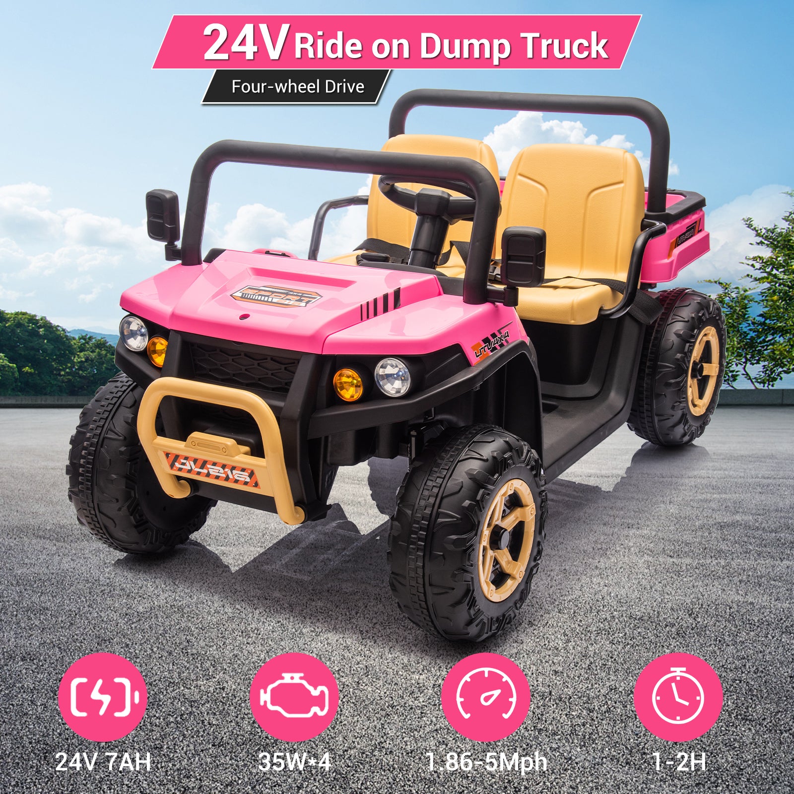 GARVEE 24V Electric Ride On Dump Truck for Kids - 2 Seater Battery Powered UTV Toy with 4x35W Motors, Shovel, Bluetooth, Remote Control, Music & LED Lights - Perfect for Boys & Girls Outdoor Play (Pink)