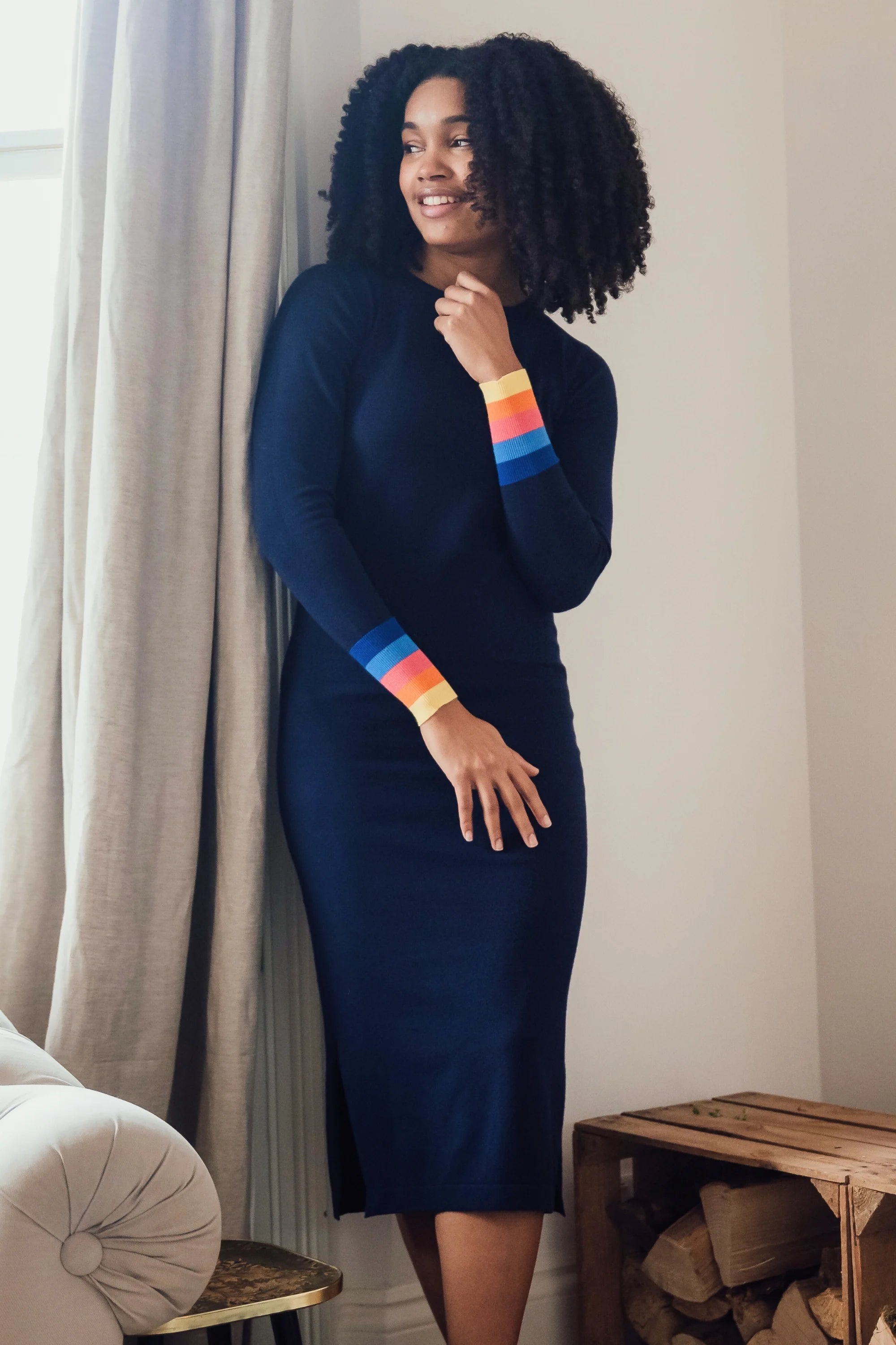 Liselle Knit Dress Navy with Sunset Cuffs - Elegant Casual Wear for Women | Perfect for Office, Date Night & Special Occasions