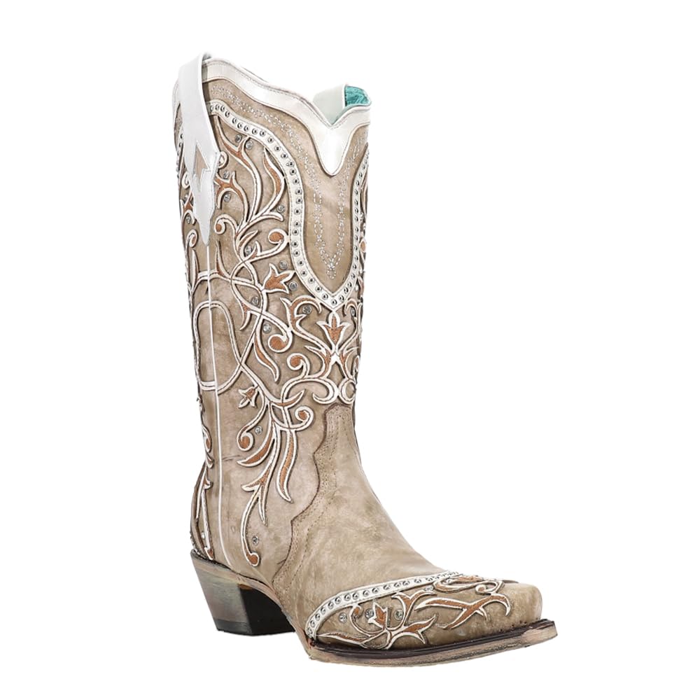 Corral Women's Western Boots - White Overlay with Embroidery, Studs & Crystals, Snip Toe, Leather Sole (Style A3837) | Perfect for Country Dancing, Rodeos & Cowgirl Fashion