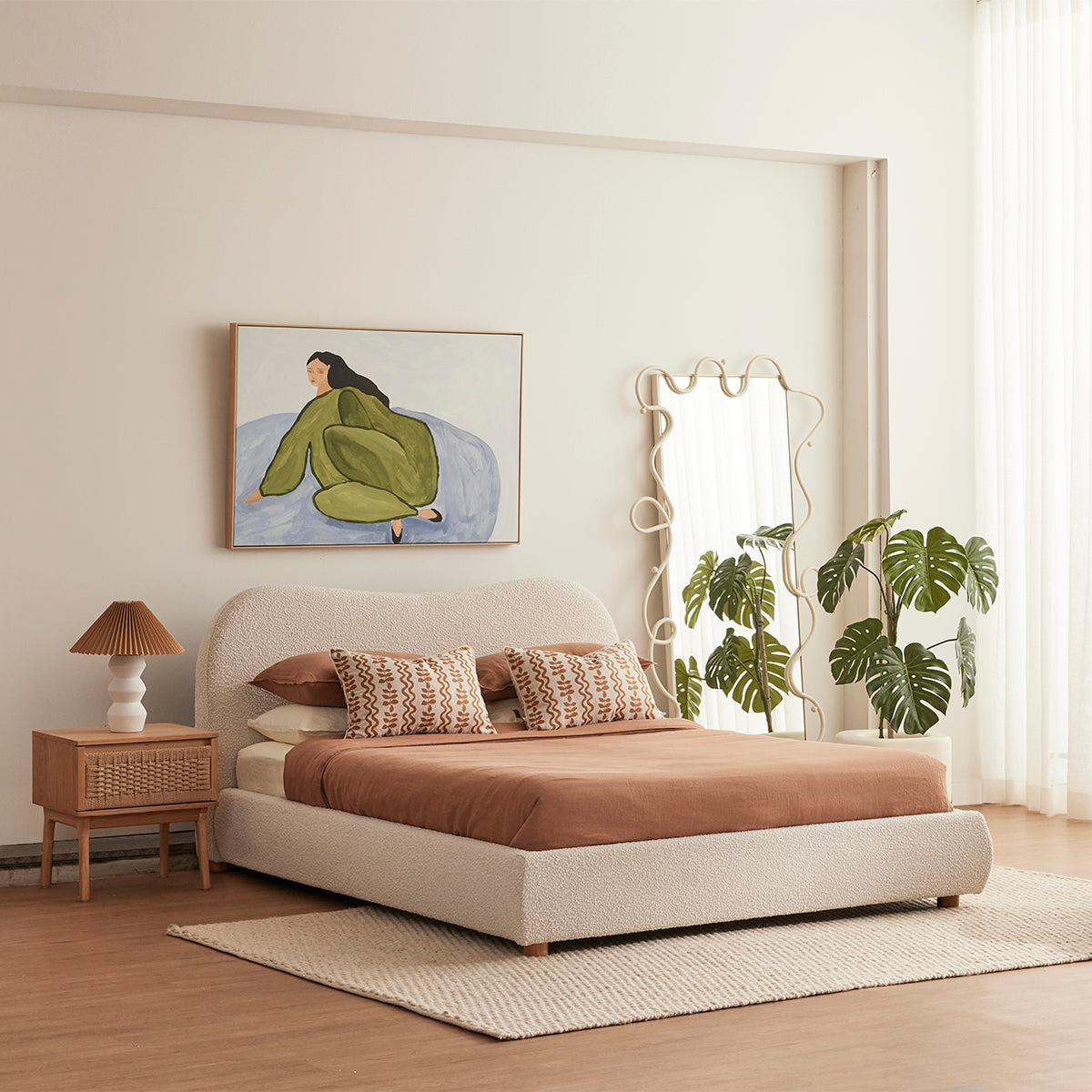 Cloud Boucle King Bed Frame - Oak Finish with Cream Upholstery | Modern Bedroom Furniture for Luxurious Comfort & Style