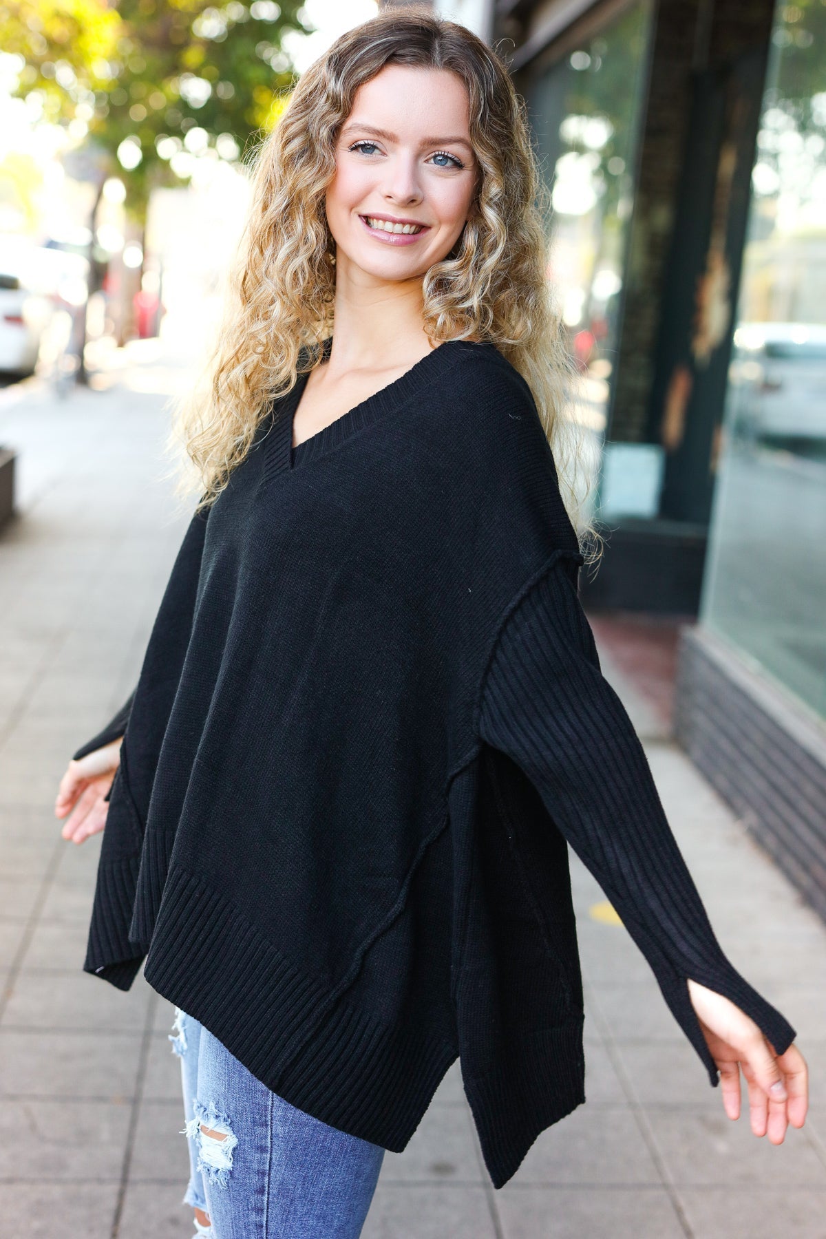 Stylish Black Oversized V-Neck Ribbed Knit Sweater for Women - Cozy & Trendy Fall Winter Pullover for Casual Outings & Layering