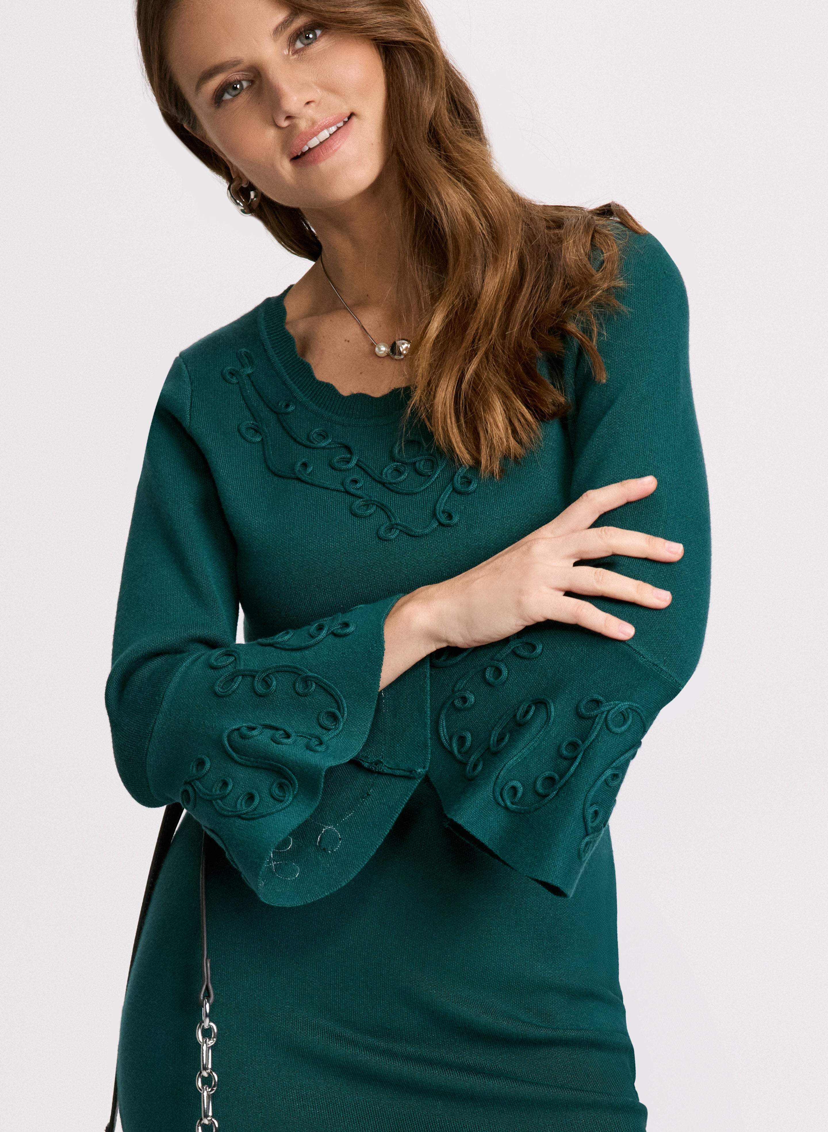 Bell Sleeve Sweater Knit Dress for Women - Cozy Winter Pullover Tunic Dress with Flared Sleeves | Perfect for Holiday Parties, Office Wear & Casual Outings