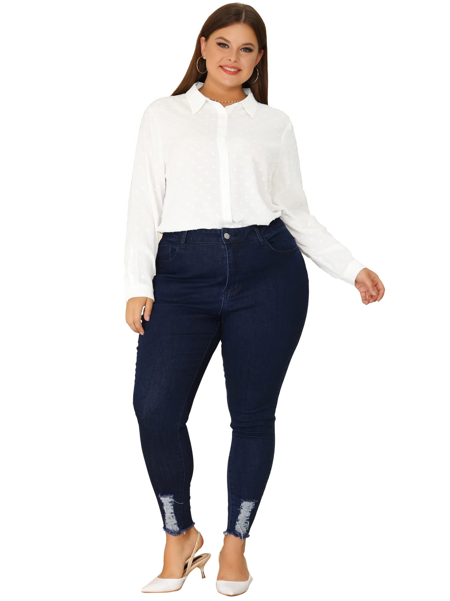 Agnes Orinda Plus Size Swiss Dot Long Sleeve Button Down Shirt for Women - Elegant Office Blouse & Casual Tops for Work, Date Night and Everyday Wear
