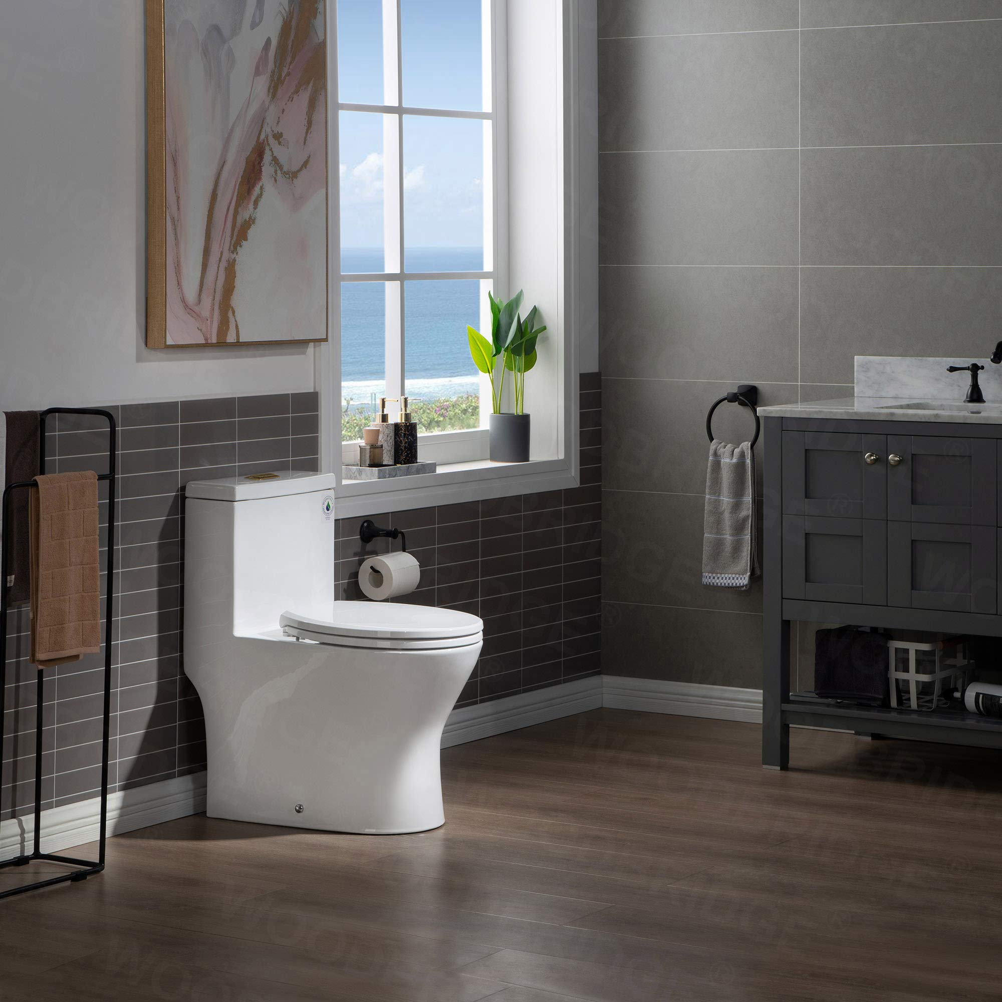 WOODBRIDGE Compact Dual Flush 1.28 GP One Piece Toilet with Soft Closing Seat - 1000 Gram MaP Flushing Score - Small Bathroom Toilet with Brushed Gold Button (B0500-BG, White) - Perfect for Tiny Bathrooms, Powder Rooms & Space-Saving Home Renovations
