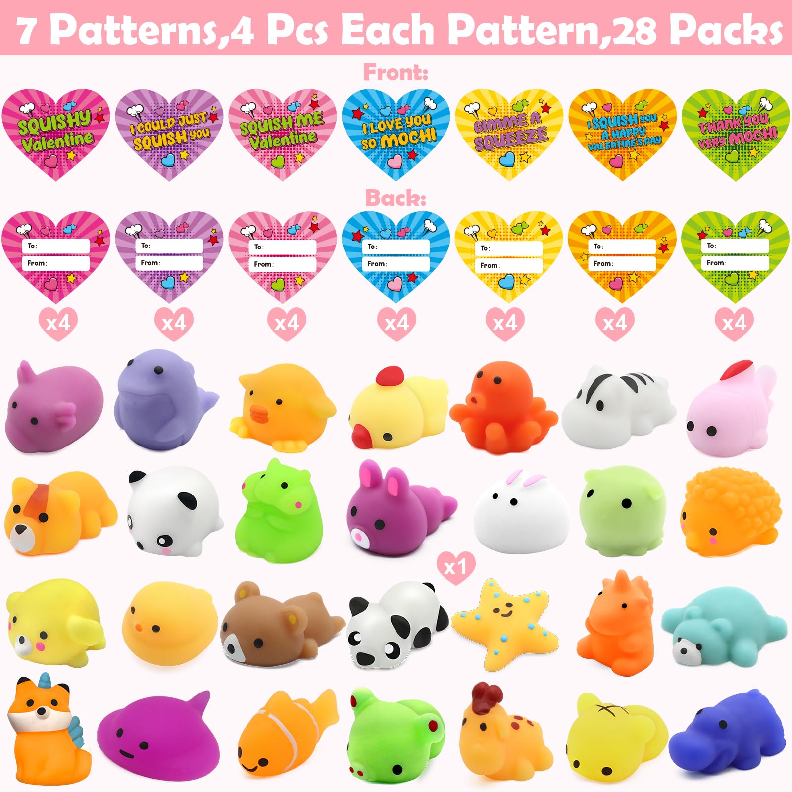 28 Pack Kawaii Mochi Squishies - Valentine Stress Relief Toys for Kids, Party Favors & Classroom Gifts
