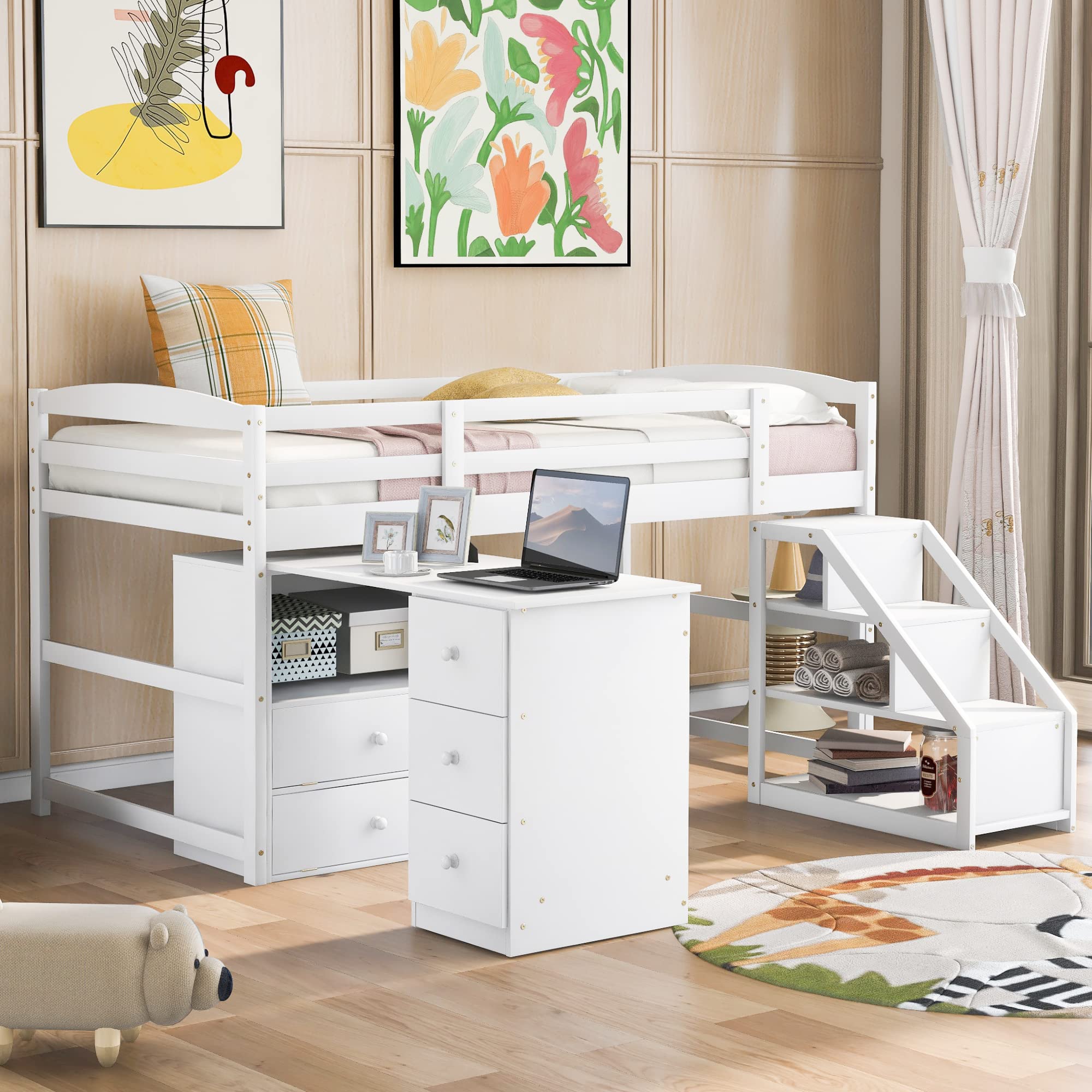 Low Loft Bed with Desk & Storage Cabinet - Multifunctional Kids & Teens Loft Bed with Movable Hidden Stairs - Space Saving White Study Bed for Small Rooms & Dormitories