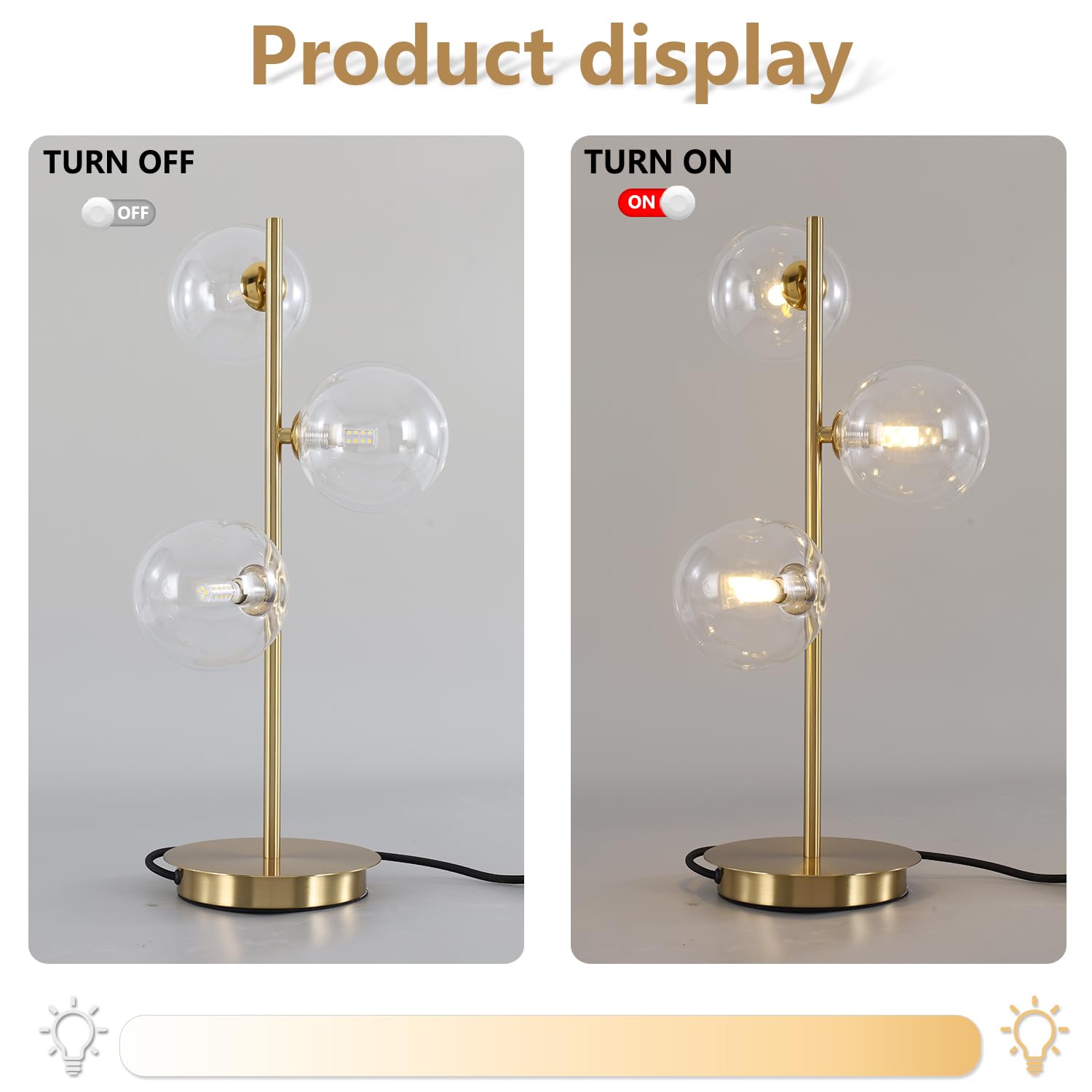 Mid Century Modern Gold Desk Lamp with 3 White Glass Globes - Contemporary Reading Light for Bedroom, Living Room & Study | Perfect for Nightstands, Office Desks & Cozy Corners