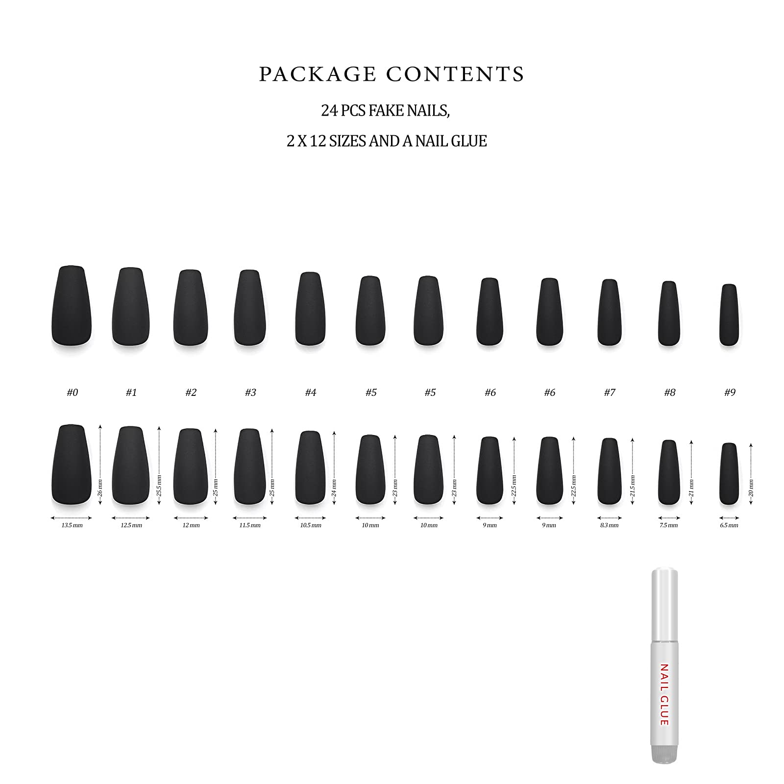 Hypnaughty 24 Pcs Black Matte Press on Nails - Medium Long Coffin False Nails with Glue, Luxury Solid Black Color (Noir) | Perfect for Parties, Weddings, and Special Occasions