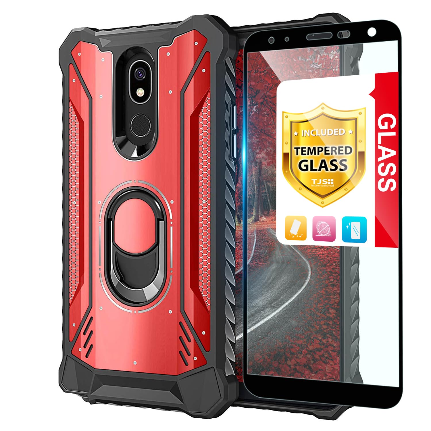 Premium Magnetic Phone Case for LG K40/K12 Plus/X4/Solo LTE/Harmony 3/Xpression Plus 2 - Shockproof Protective Cover with Tempered Glass Screen Protector & Aluminum Ring - Built-in Metal Plate for Car Mount (Red) - Perfect for Driving, Work & Outdoor Activities