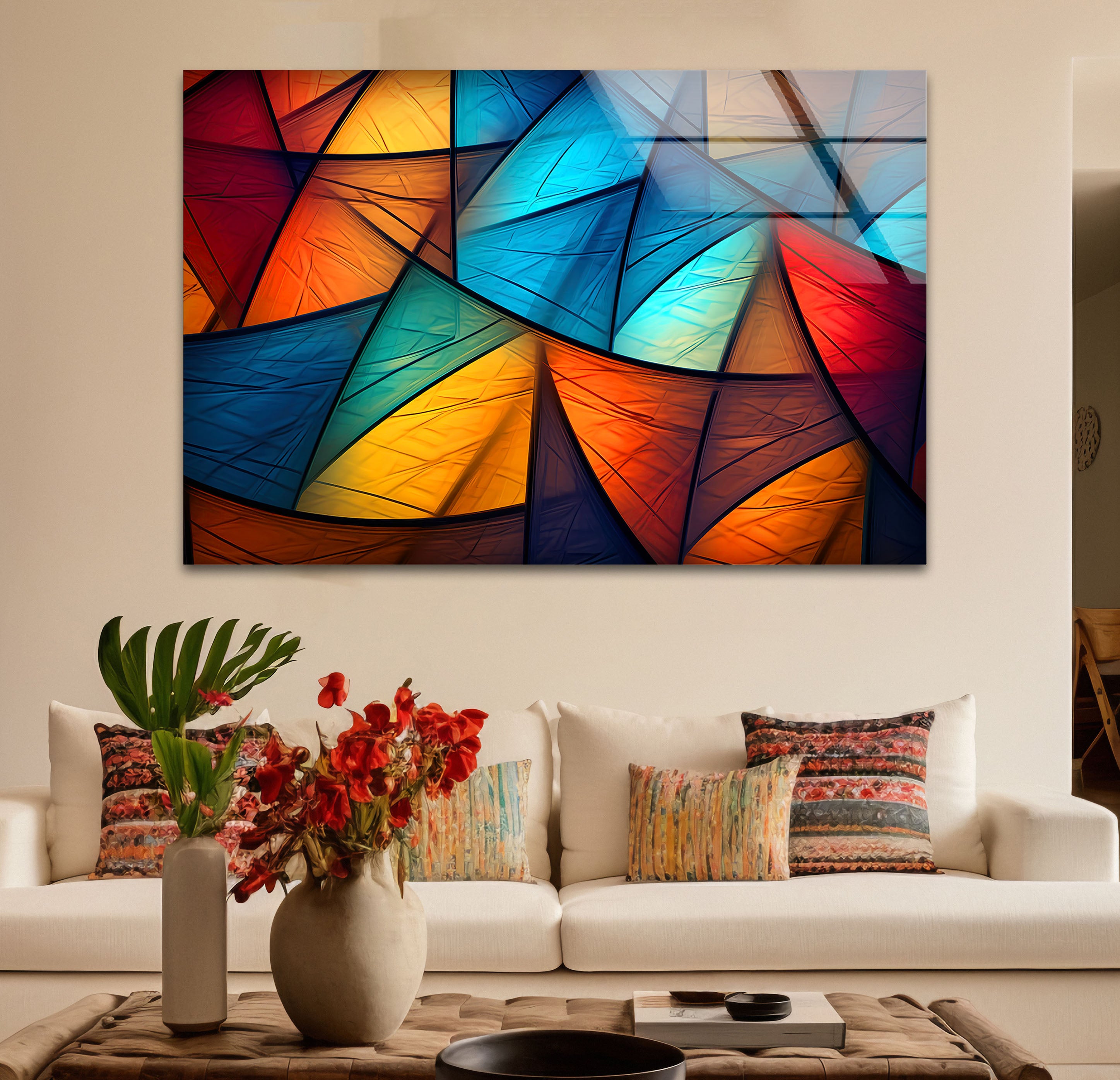 Modern Abstract Geometric Glass Wall Art - Vibrant Triangle Pattern Home Decor for Living Room, Bedroom & Office | Unique Handmade Wall Hanging