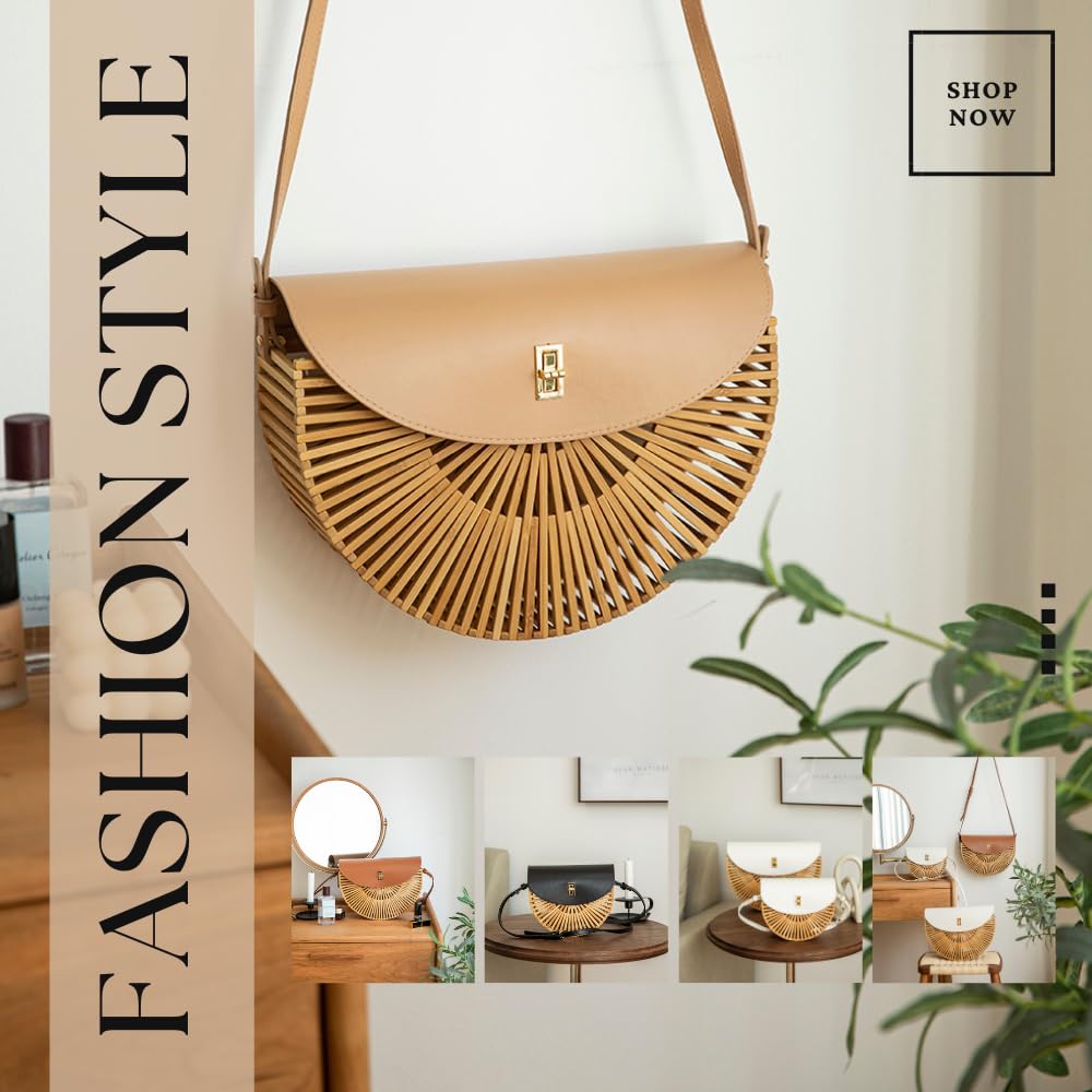 Handwoven Bamboo Crossbody Bag for Women - Natural Straw Summer Purse with Leather Strap - Eco-Friendly Beach Tote & Boho Festival Accessory