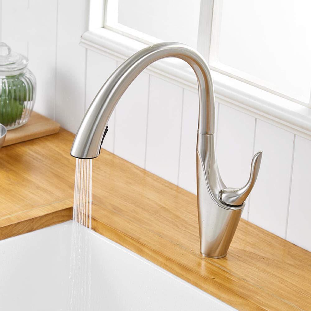 360° Rotating Pull Out Kitchen Faucet with Single Handle - Brushed Nickel Finish Brass Mixer Tap for Sink | Perfect for Washing Dishes, Filling Pots & Cleaning Vegetables