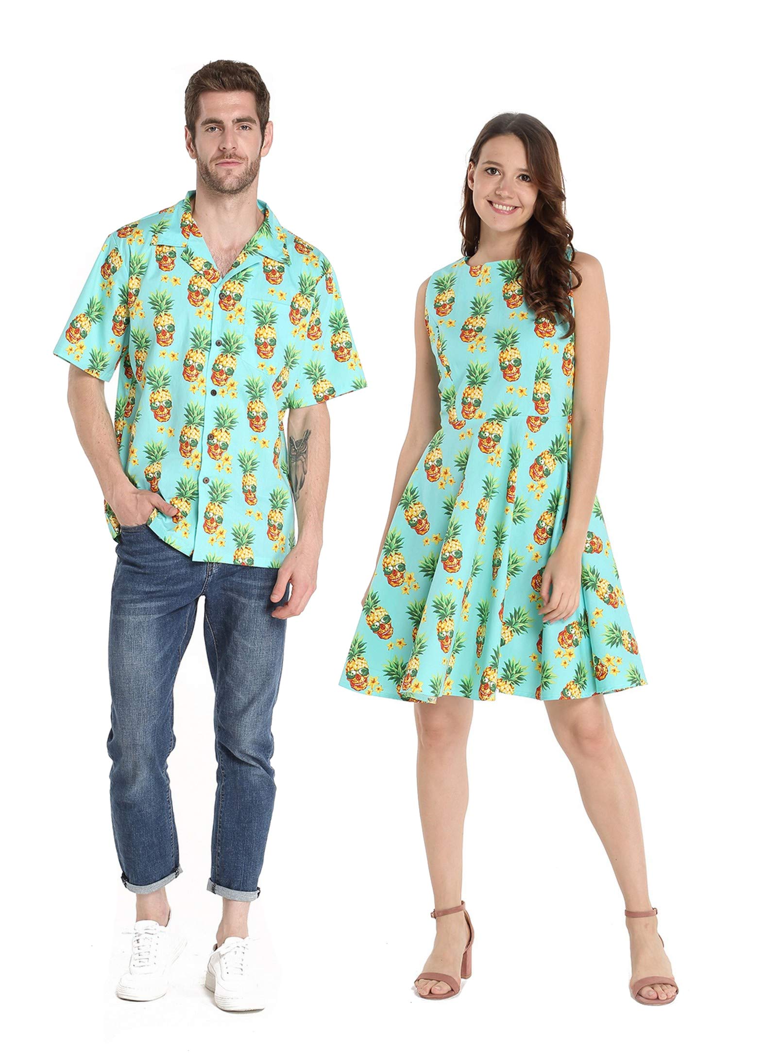 Vintage Hawaiian Luau Cruise Matching Couple Outfit - Classic White Aloha Shirt & Dress for Tropical Vacation, Beach Party, and Cruise Wear