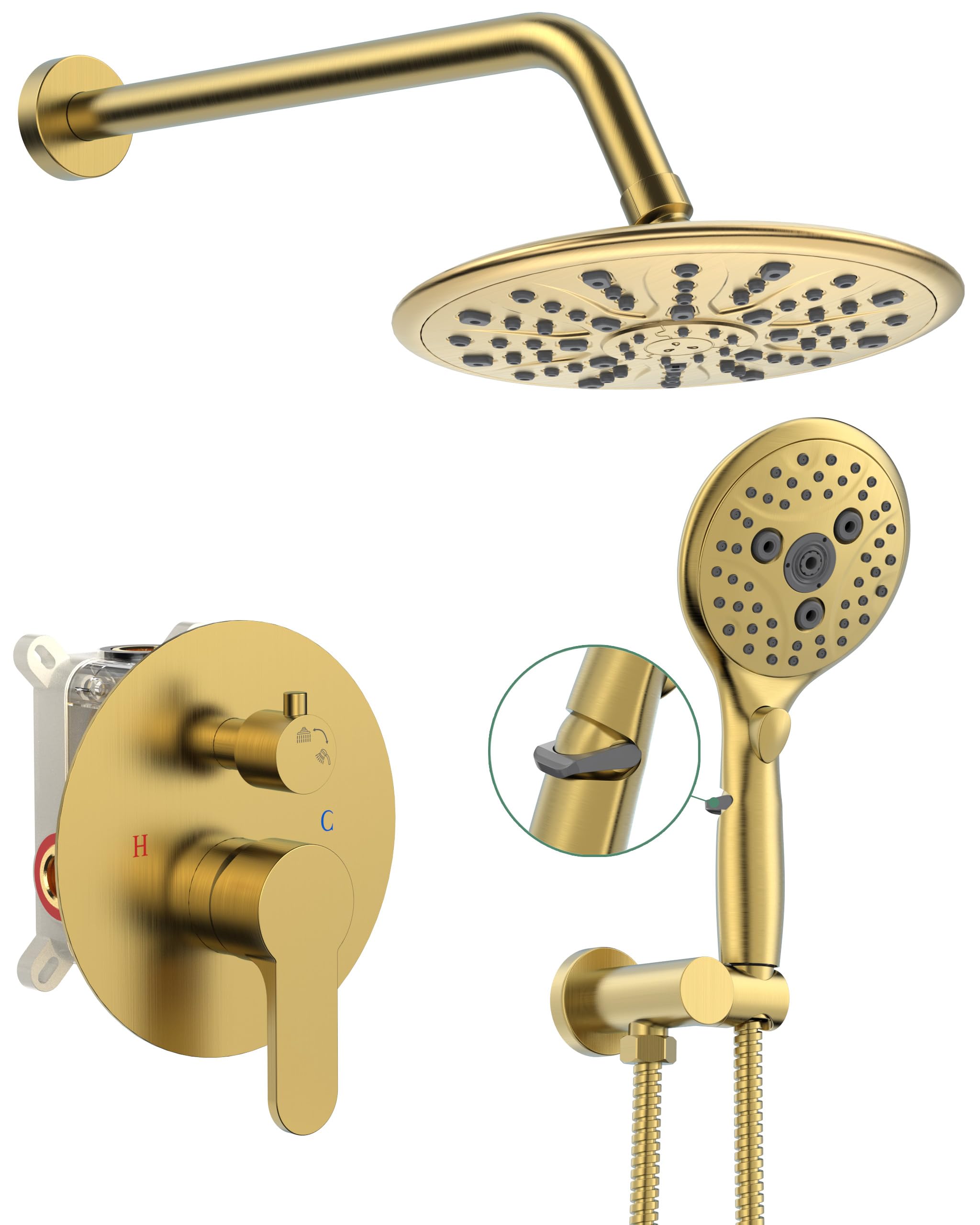 Suncleanse Gold Shower Faucet Set - 8.5 Inch Rainfall Shower Head with 7-Setting Handheld Sprayer, Rough-in Valve & Trim Kit - Complete Luxury Bathroom Shower System for Spa-like Experience