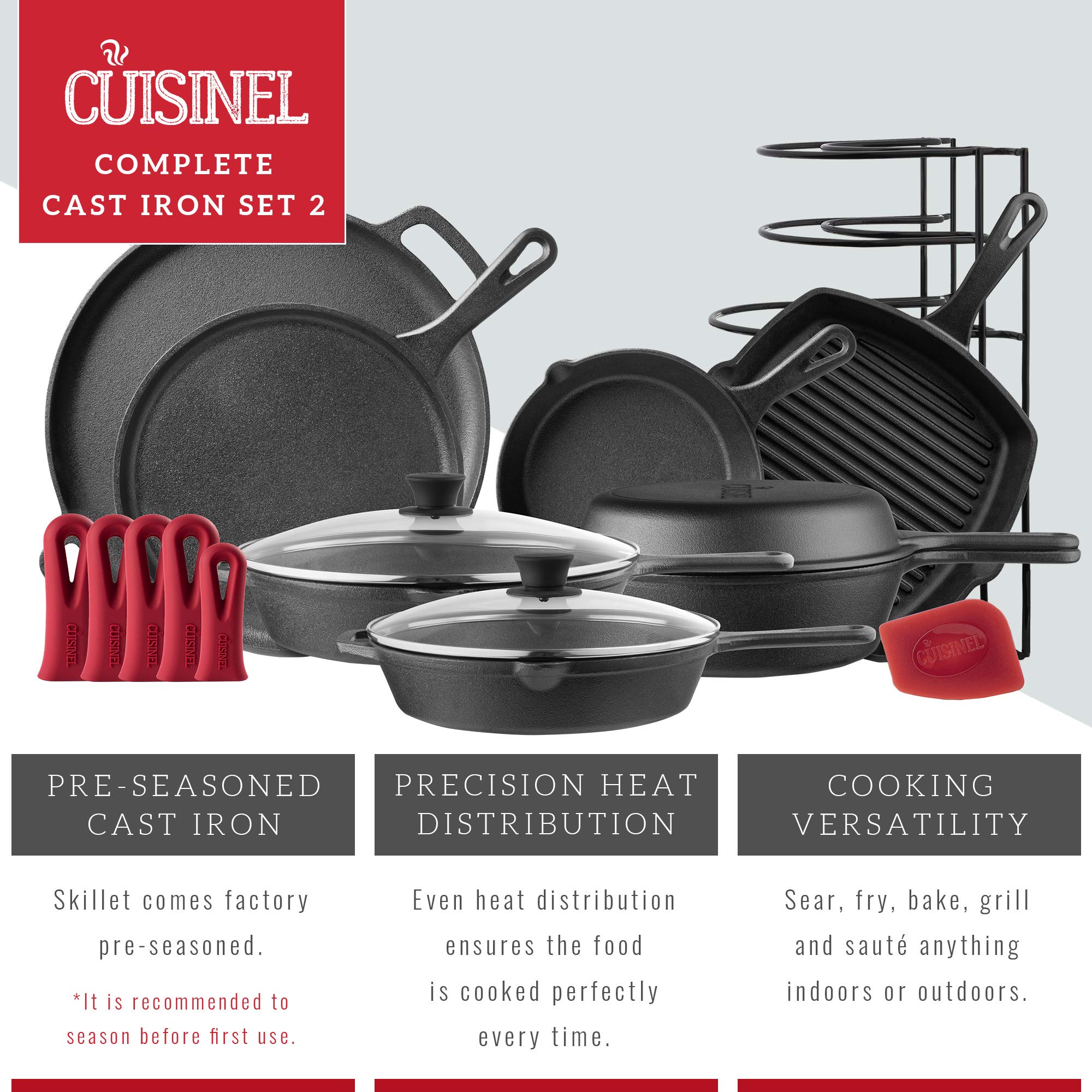 17-Piece Cast Iron Cookware Set - Pre-Seasoned Skillets (8