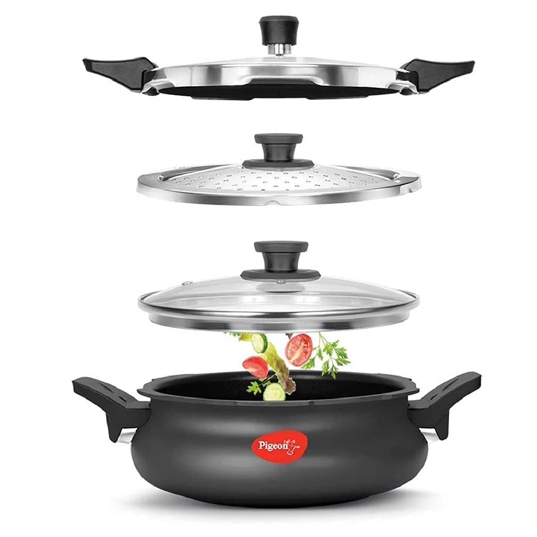 Pigeon 3.2 Quart Multi-Function Pressure Cooker & Steamer - Hard Anodized Dutch Oven for All Cooktops - Fast Cooking Meat, Soup, Rice, Beans, Idli - Perfect for Home Kitchens, Camping & Meal Prep (3 Liters)