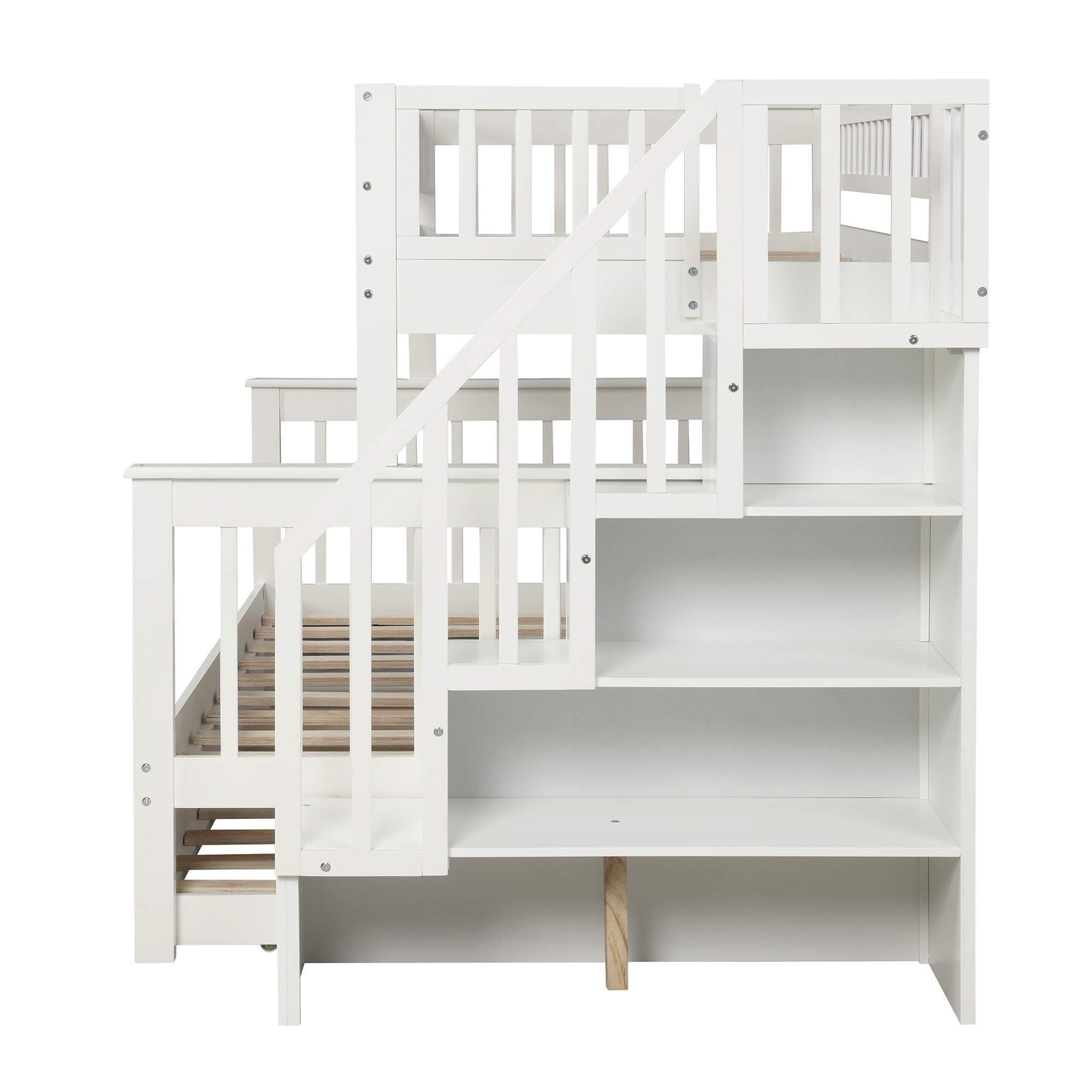 Twin Over Full Bunk Bed with Trundle & Storage - Solid Wood Bunk Bed Frame with Guardrails & Stairs for Kids, Teens & Adults - Space-Saving Bedroom Solution for Shared Rooms, Guest Rooms & Small Spaces (White, No Box Spring Needed)