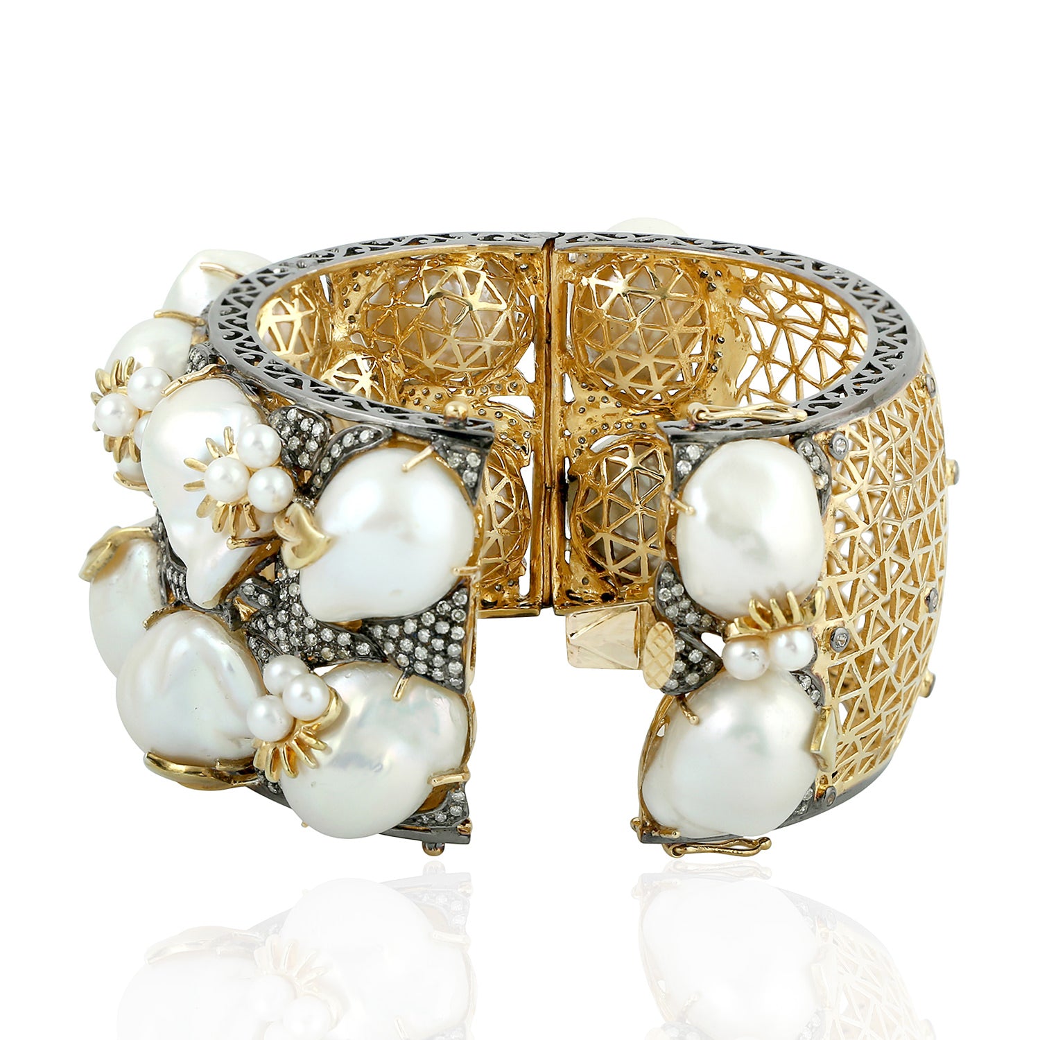 Baroque Pearl Pave Diamond & Sapphire Bangle Bracelet - 925 Sterling Silver Gold Plated Jewelry for Women, Gift for Anniversary, Wedding, Party