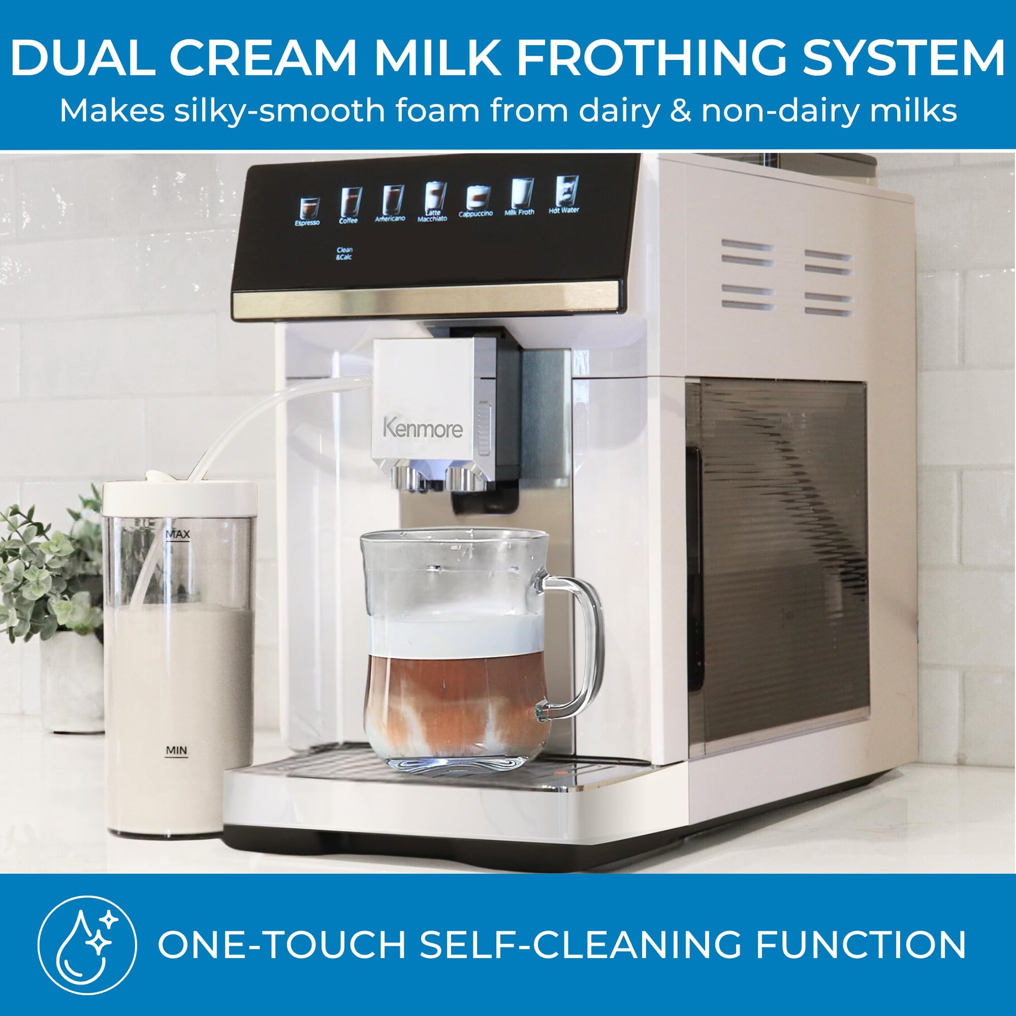 Koolatron Kenmore Fully Automatic Espresso Machine with Built-in Grinder, Milk Frother & Auto Tamper - Professional Barista Style for Cappuccino, Latte - Perfect for Home, Office & Coffee Shops (White)
