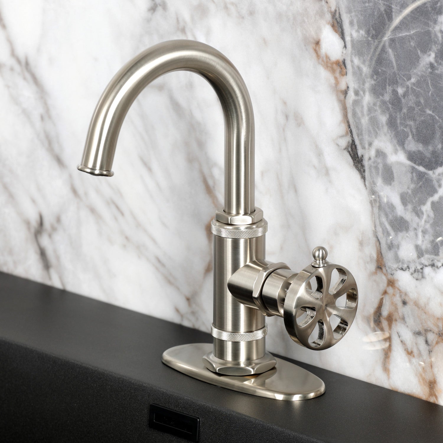 Belknap KSD2218RX Single Handle 1-Hole Bathroom Sink Faucet with Deck Plate & Push Pop-Up Drain, Brushed Nickel - Perfect for Modern Bathroom Vanities and Powder Rooms