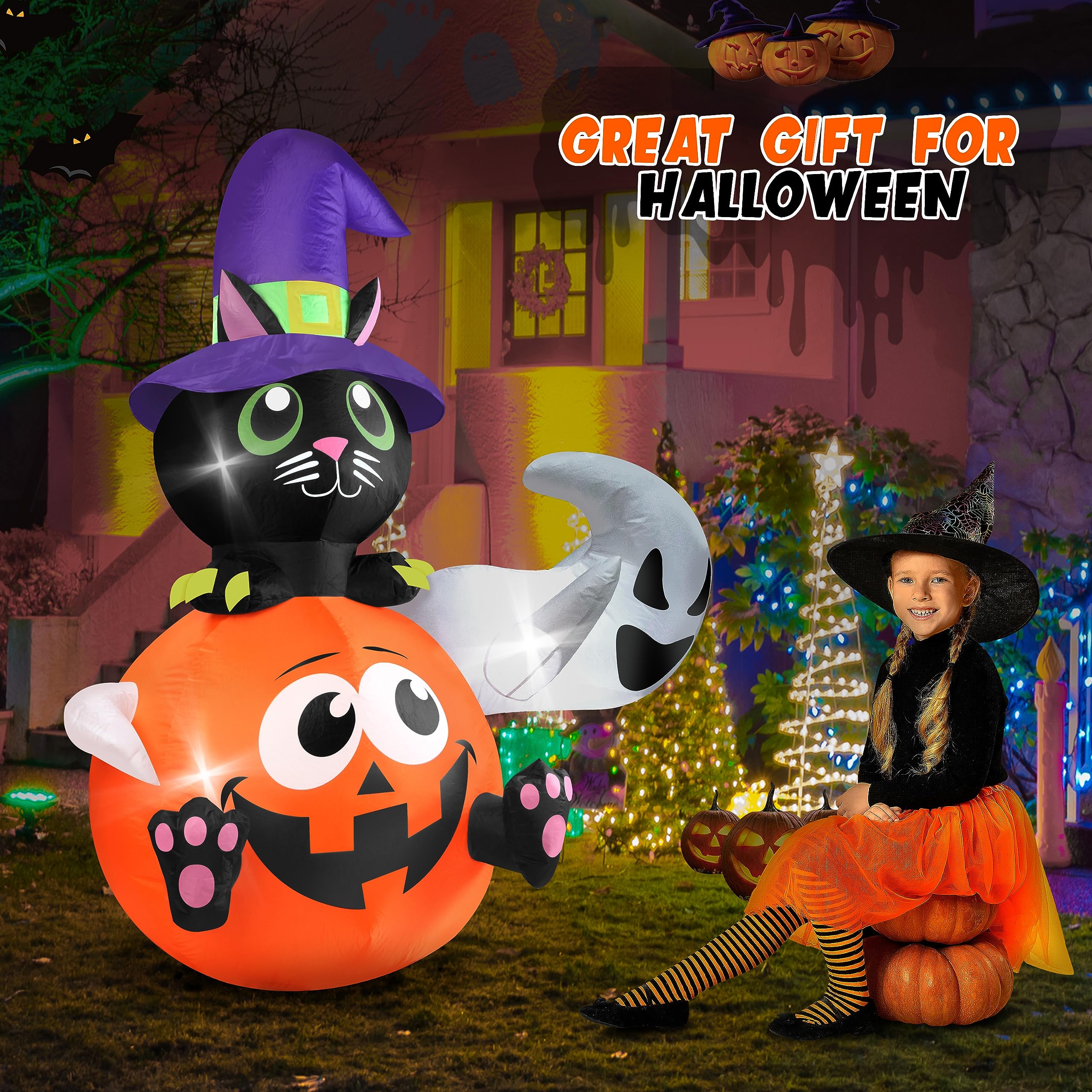 5 FT Halloween Inflatable Pumpkin & Witch Cat Yard Decoration with Built-in LED Lights - Indoor/Outdoor Halloween Decor for Porch, Lawn, Garden Party (HMCQ001)