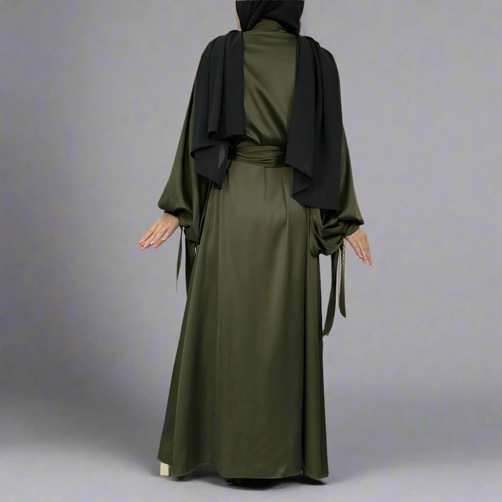 10 Color Options Puff Sleeve Satin Open Abaya Dress for Muslim Women - Elegant Modest Fashion for Prayer, Eid, Wedding & Special Occasions