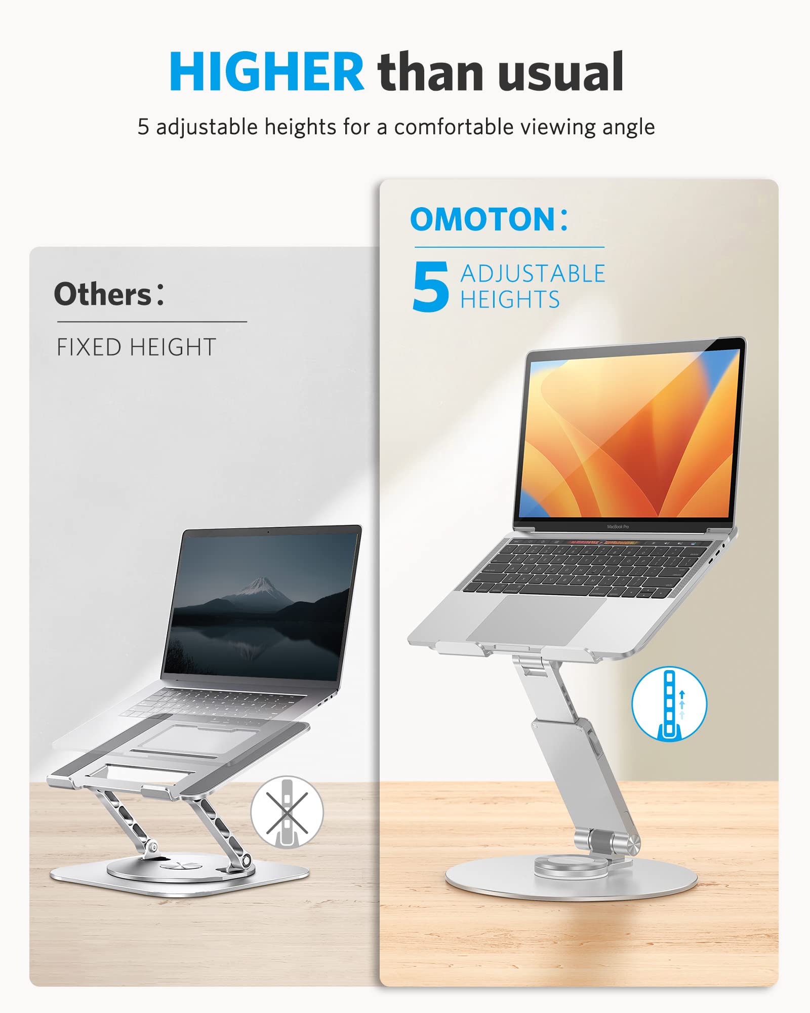 OMOTON 360°旋转升降铝合金折叠笔记本支架 - 适合16英寸以下MacBook及所有笔记本电脑，办公协作、家庭娱乐、远程学习多场景适用