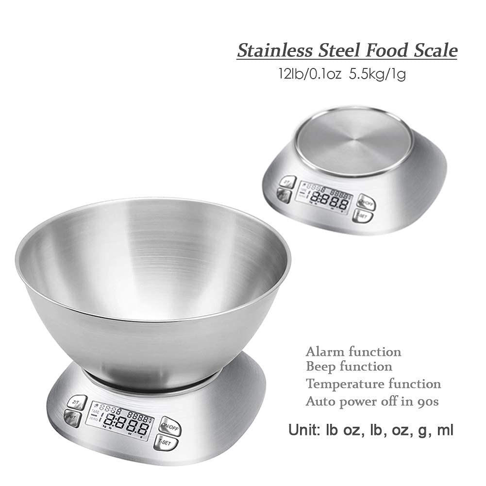 **Premium Digital Kitchen Scale with Removable 2.5L Bowl - Stainless Steel Food Scale for Cooking, Baking & Meal Prep - 12lb/5.5kg Capacity, Alarm Timer, Room Temp Function - Perfect for Home Chefs & Bakers (Batteries Included)**