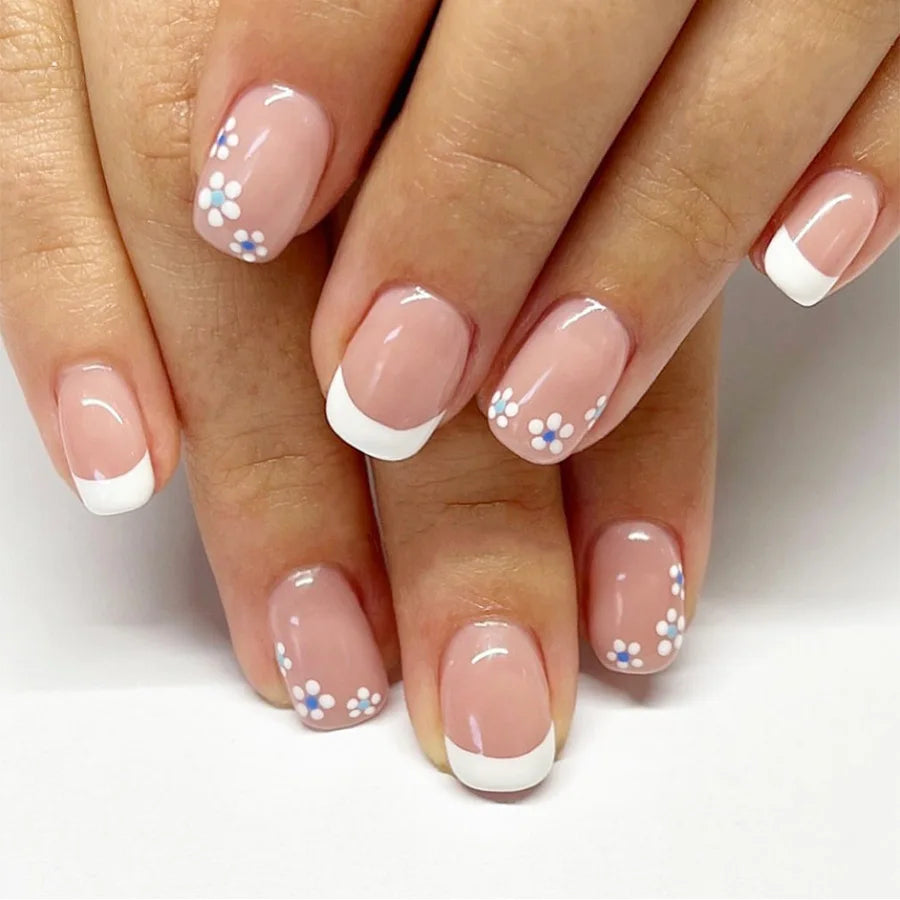 24Pcs Short Pink Press on Nails with Floral Gold Foil Design - Square French Ballet Fake Nails - Ready to Wear Artificial Nails for Parties, Weddings & Special Occasions