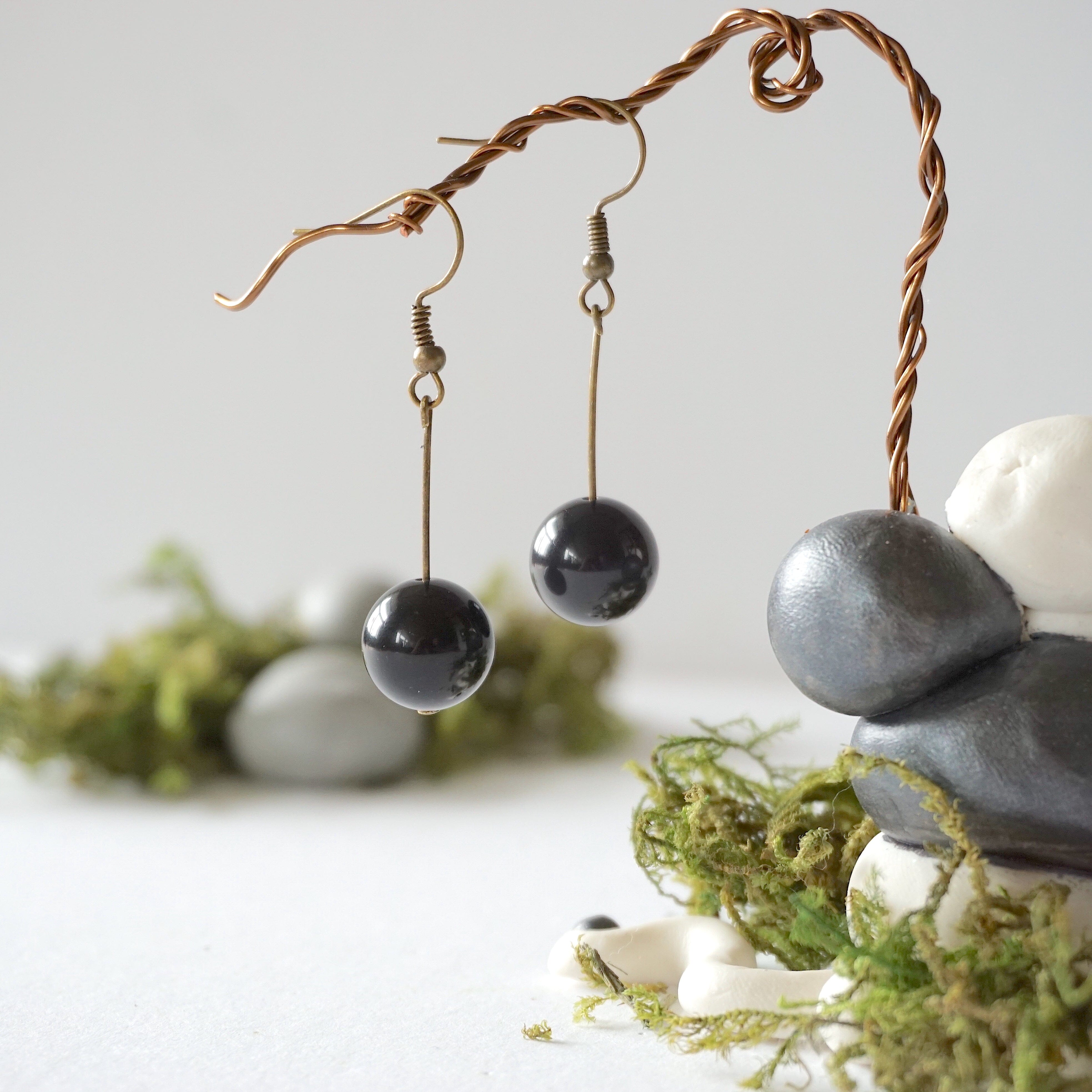 Onyx Bead Drop Earrings in Antique Bronze - Elegant Gothic Jewelry for Women, Perfect for Evening Parties & Special Occasions