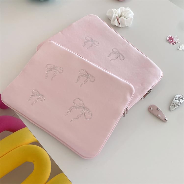 Y2K Fairycore Laptop Sleeve for Women - Cute Rhinestone Bow Tie Pattern Puffy Notebook Cover for 11-15.6 Inch MacBook & Laptops (13-14 Inch, Pink) - Perfect for School, Work & Travel