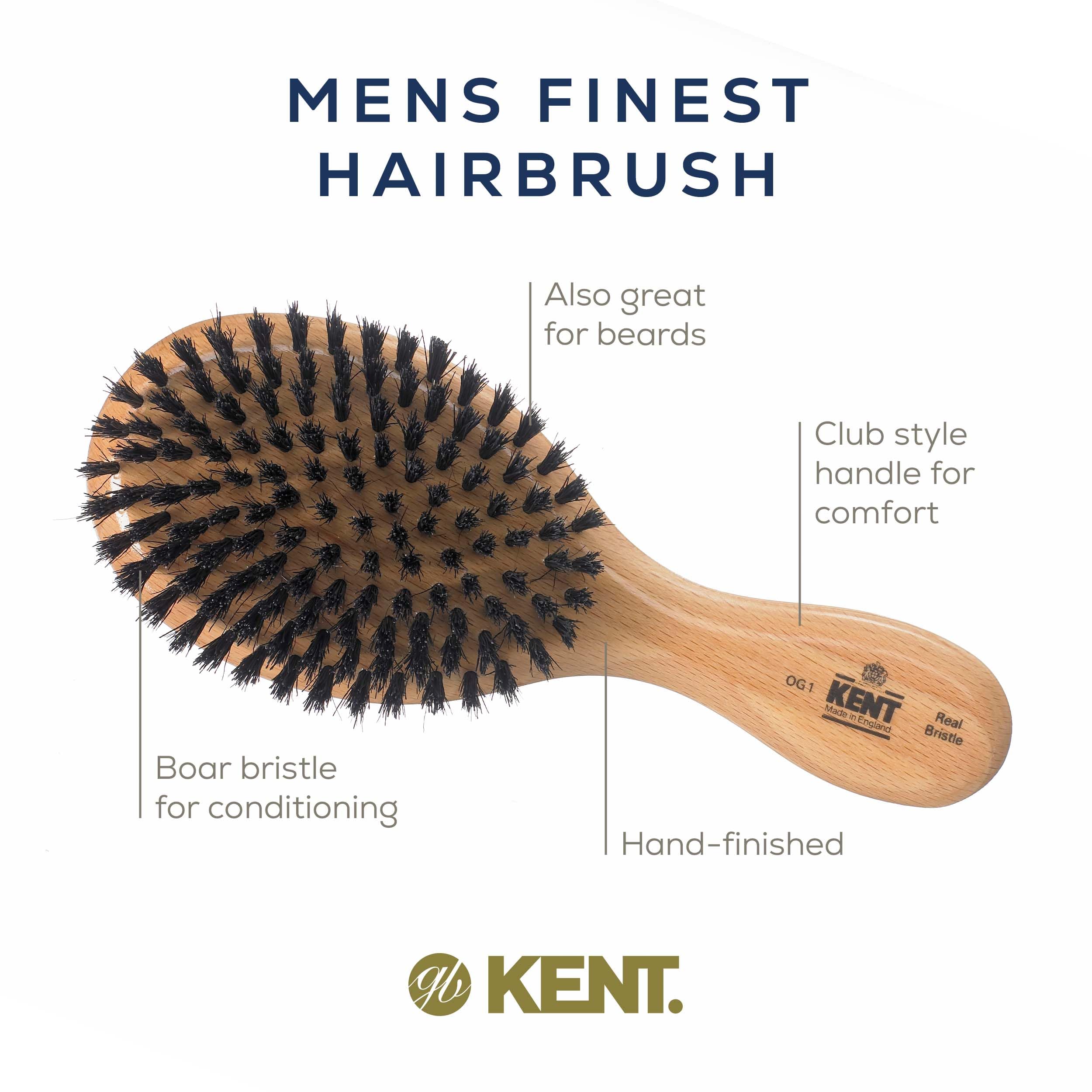 Kent OG1 Boar Bristle Hair & Beard Brush for Men - Grooming & Scalp Care at Home