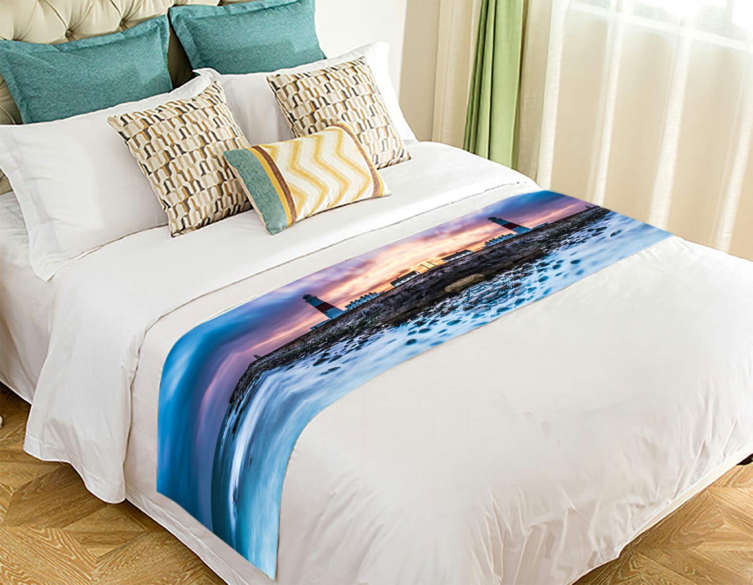 Dramatic Sunset Portland Bill Lighthouse Time Lapse Bed Runner - 20x95 Inch Coastal Decor Bed Scarf for Beach House, Guest Room & Master Bedroom