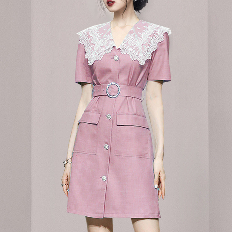 Women's Summer Lace Collar Short Sleeve High Waist Mini Dress - Floral Print Casual Sundress for Beach, Party & Date Night Outfits