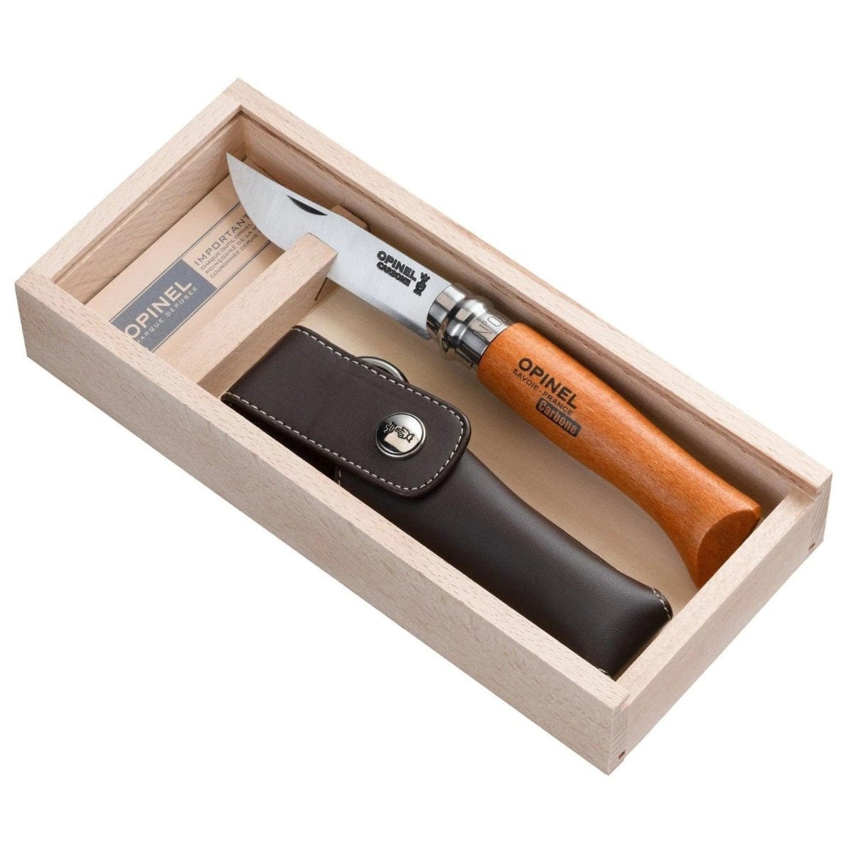 Opinel No.08 Carbon Steel Folding Pocket Knife with Leather Sheath - Outdoor Camping, Hiking, Survival & Everyday Carry (EDC) Tool