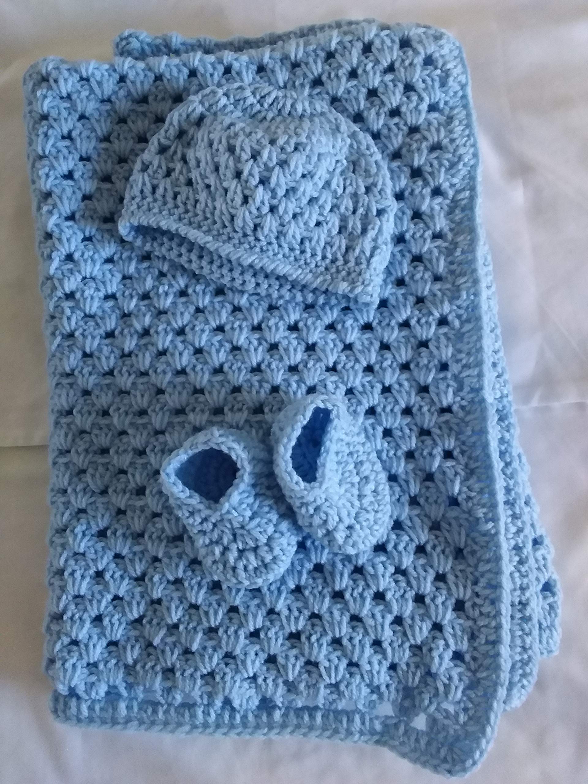 Handmade Crochet Blue Baby Blanket Set with Matching Hat & Booties - Soft Newborn Gift for Baby Shower, Christening or Nursery - Perfect for Photography, Cuddling & Special Occasions
