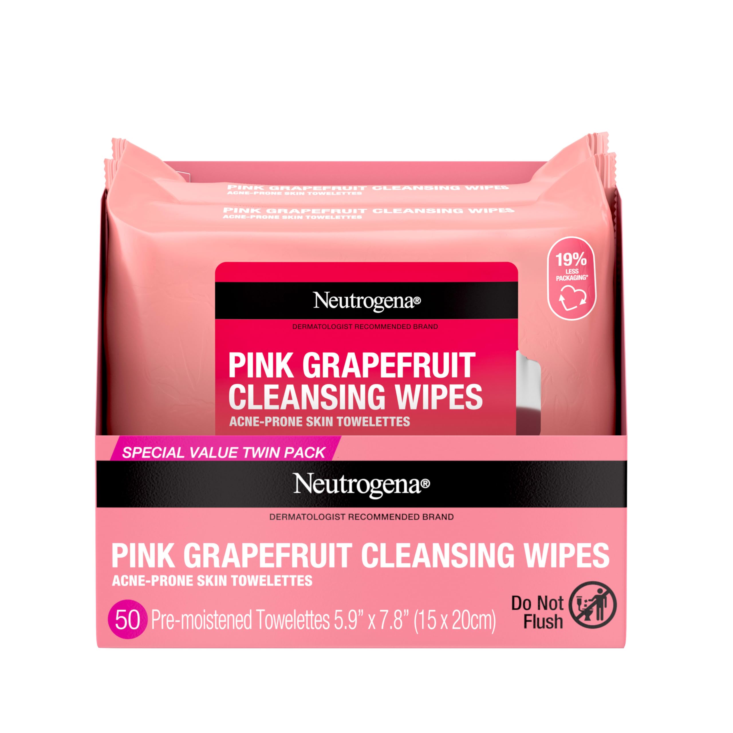 Neutrogena Pink Grapefruit Makeup Remover Wipes for Oily & Acne-Prone Skin - 50 Count Facial Cleansing Wipes with Natural Extract to Remove Bacteria, Dirt & Oil - Perfect for Travel, Gym & Quick Makeup Removal