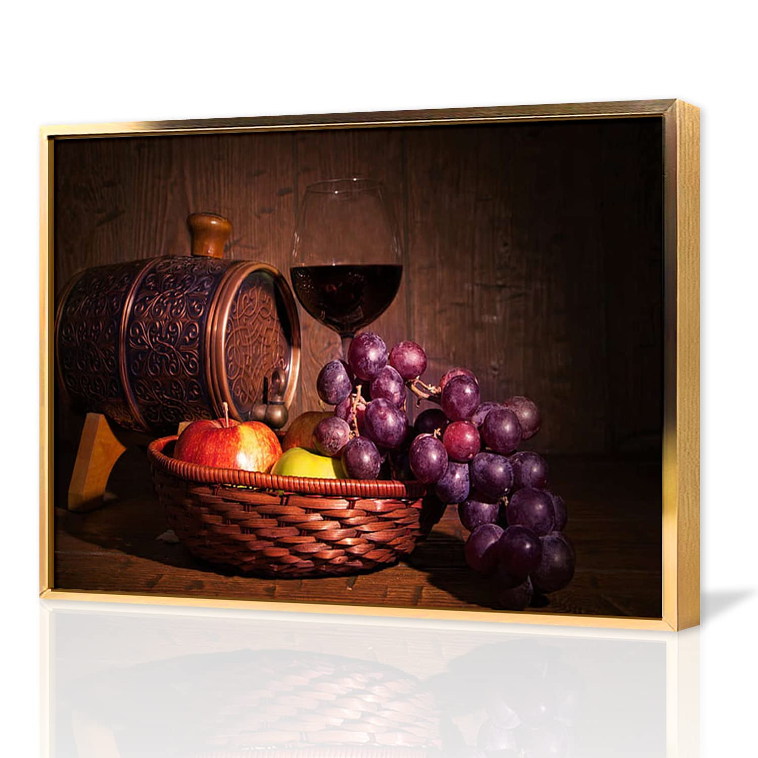 Premium Canvas Wall Art - Basket of Fruits & Grapes Watercolor Painting with Gold Metal Frame, 24x36 Inch, Ready to Hang for Home & Office Decor | Modern Living Room, Bedroom, Dining Room Wall Decor