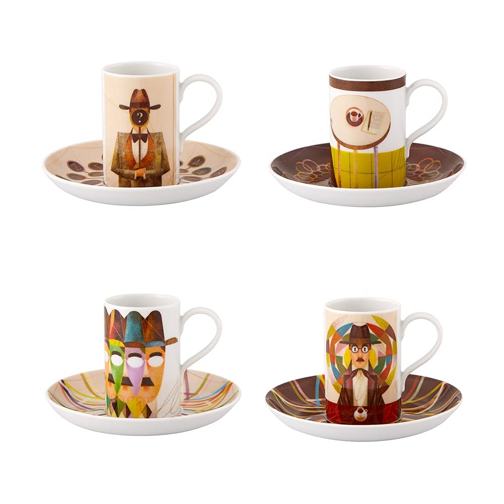Vista Alegre Porcelain Pessoa Gonçalo Viana 4-Piece Coffee Cup and Saucer Set - Elegant Tea & Espresso Cups for Home, Cafe, and Gift Giving
