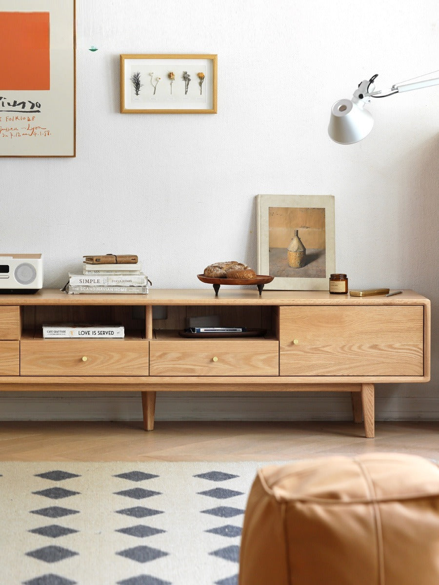 Solid Oak Wood TV Stand - Modern Entertainment Center with Storage Shelves for Living Room, Bedroom & Home Theater