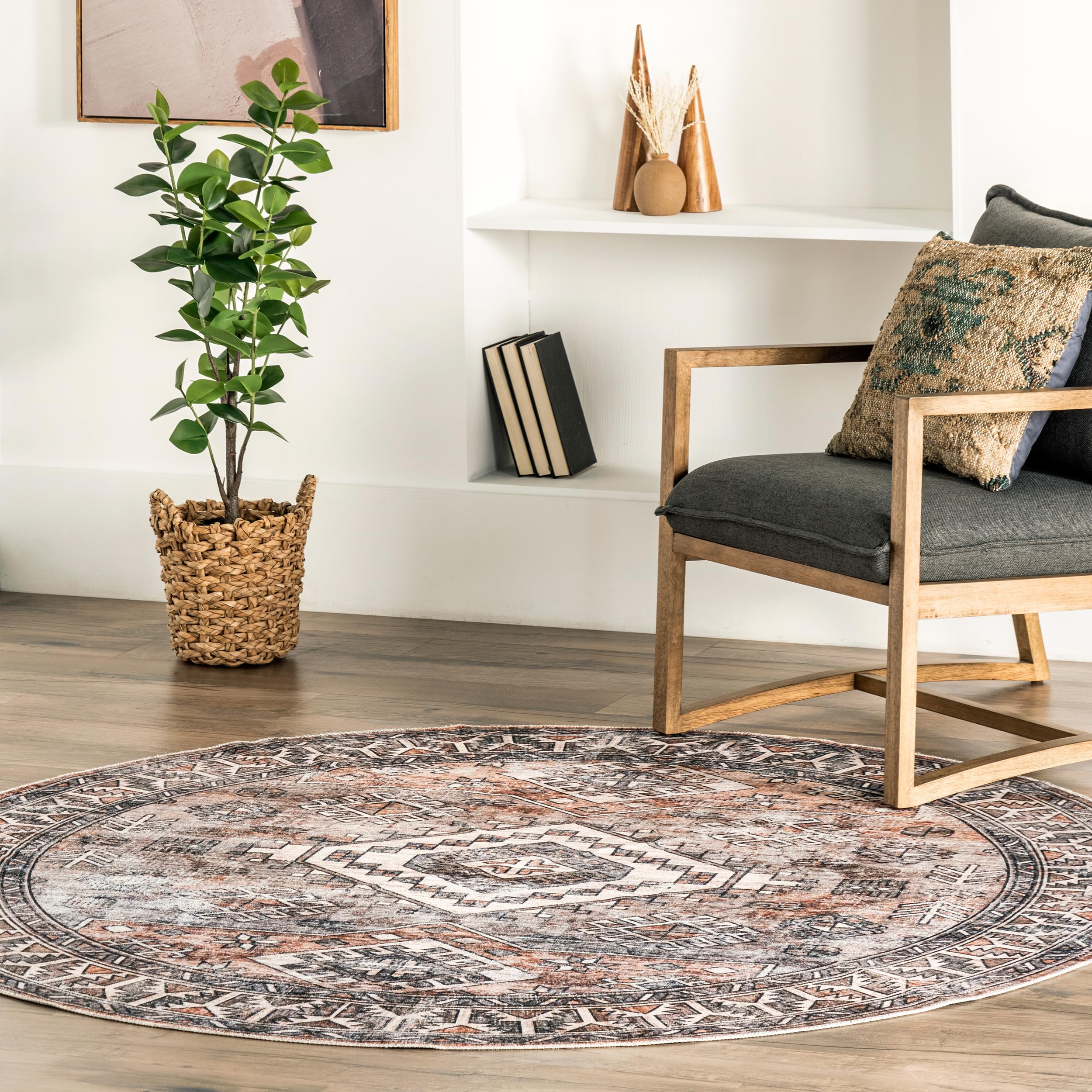 nuLOOM 8' Round SpinClean Machine Washable Stain-Resistant Non-Slip Area Rug - Low Profile for Living Room, Bedroom, Dining Room - Bowie Rust - Perfect for High Traffic Areas & Pet-Friendly Homes