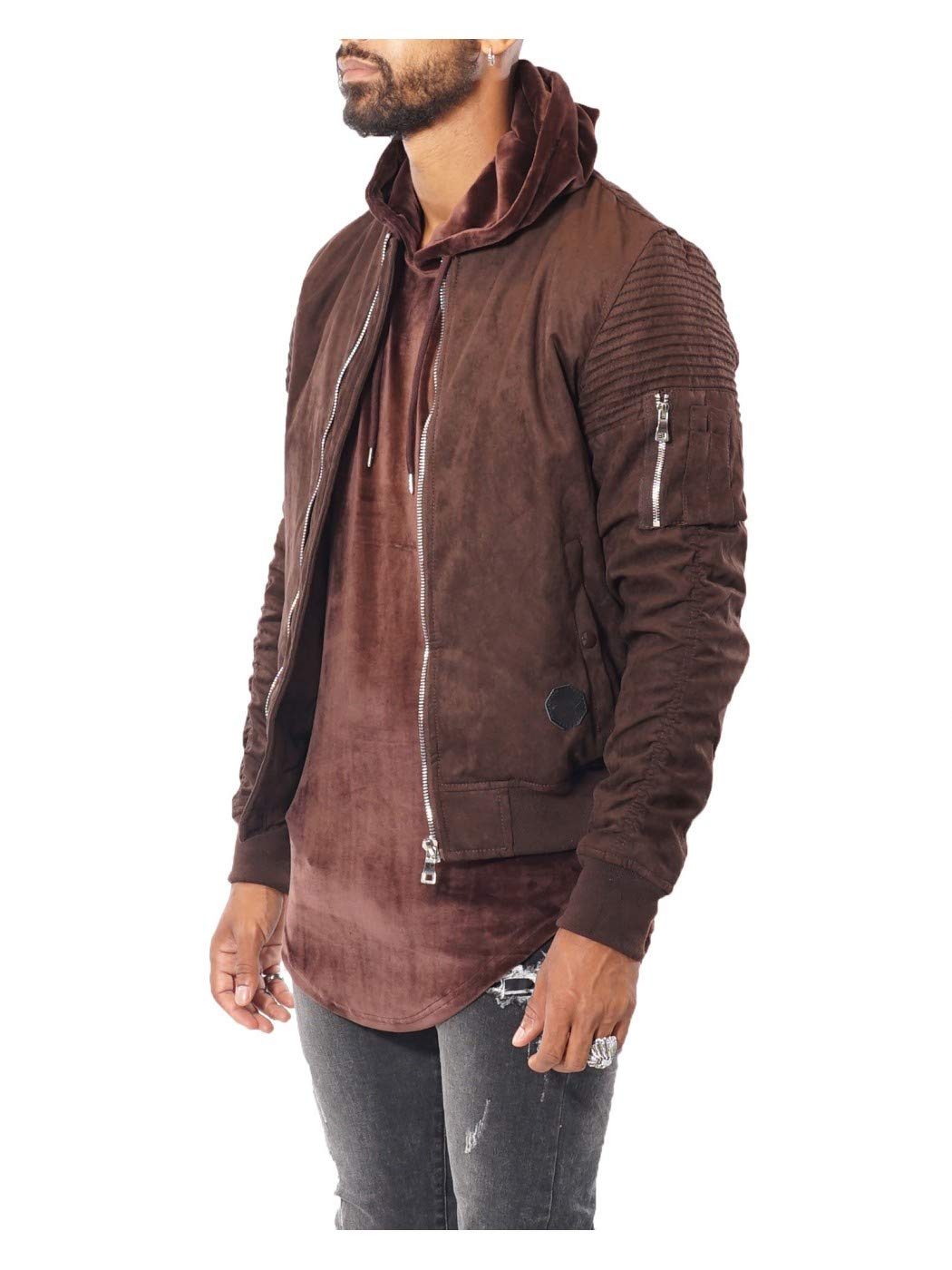 Men's Chocolate Brown Suede Bomber Jacket - Classic Vintage Style Lightweight Outerwear for Casual Wear & Night Out