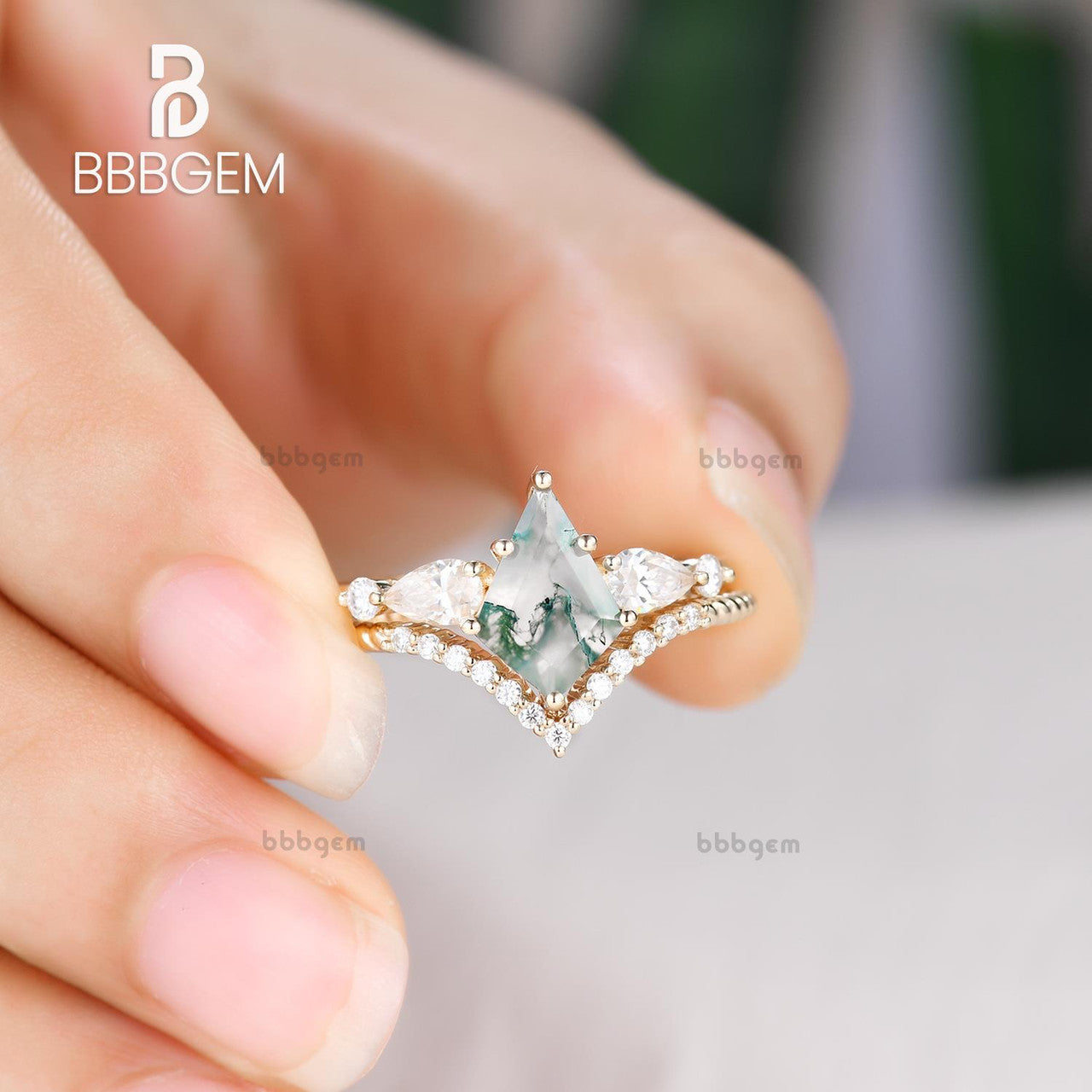 Women's Geometric Green Moss Agate Ring Set - Kite Lozenge White Gold Plated Jewelry for Wedding, Anniversary & Special Occasions