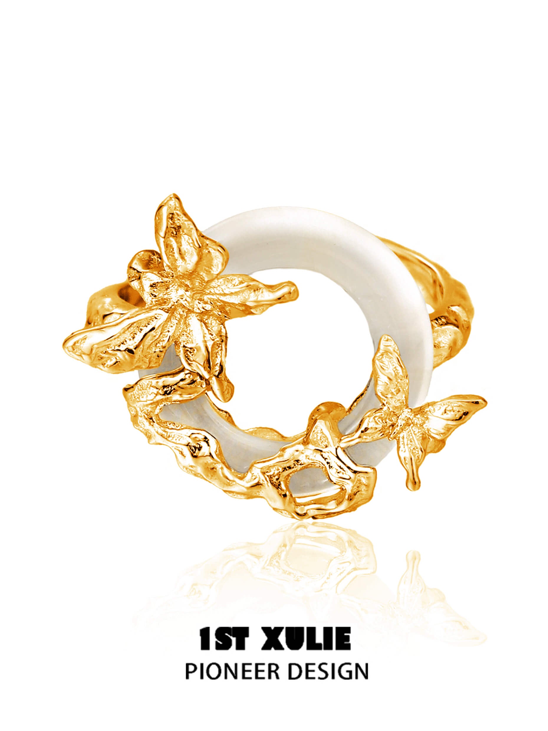 Whiterfly S925 Sterling Silver 24k Gold Plated White Onyx Ring for Women - Elegant Jewelry Gift for Birthday, Anniversary & Special Occasions