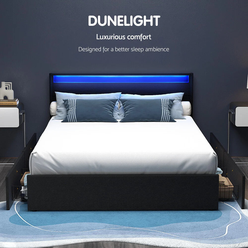 Dunelight LED Bed Black & Bonita Pillow Top Mattress - Medium Firm Queen Size Double Package for Bedroom, Guest Room & Dorm Use