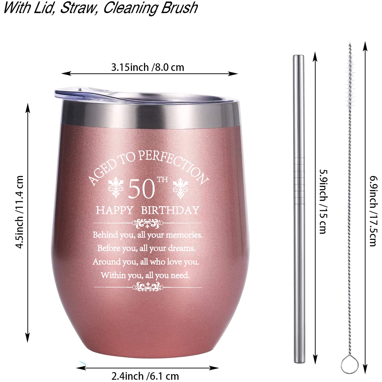 50th Birthday Gift for Women & Men - 12oz Rose Gold Stainless Steel Wine Tumbler with Double Wall Insulation | 50 Years Old Anniversary Present for Wife, Husband, Mom, Dad, Sister or Aunt | Perfect for Celebrations, Parties & Daily Use